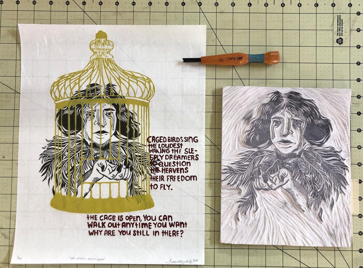 A crying woman with an outstretched hand is trapped in a bird cage. Text surrounding her asks why.