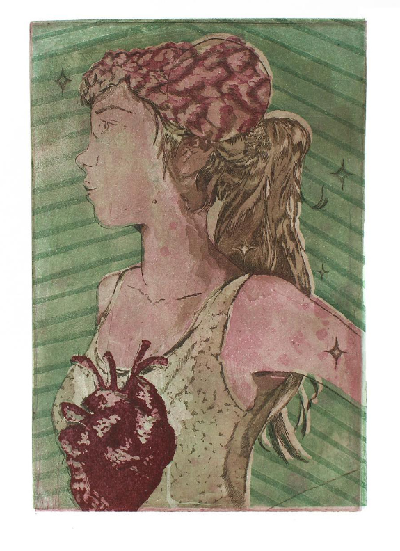 A young woman with exposed brain and heart stands in front of a striped green background