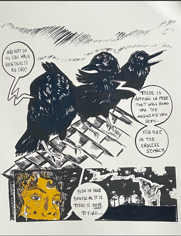 Above a trio of crows on a roof speak about futility and despair. Below a woman speaks of hope among a astronomical background.