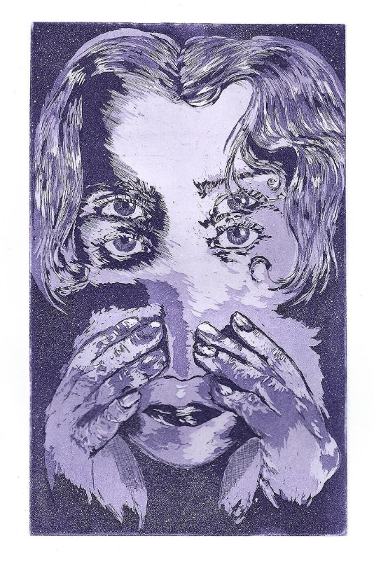 A violet portrait of a woman's face and hands where the hands are pulling on the face to reveal another beneath.