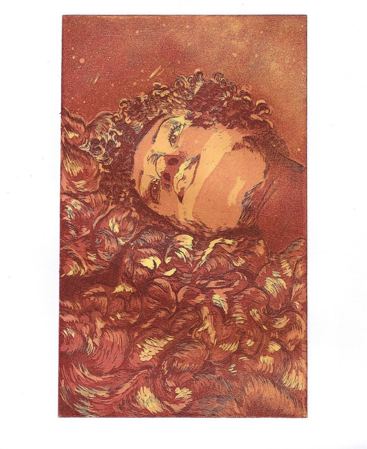 A curly haired head reclines diagonally across the page creating a cascade of hair.