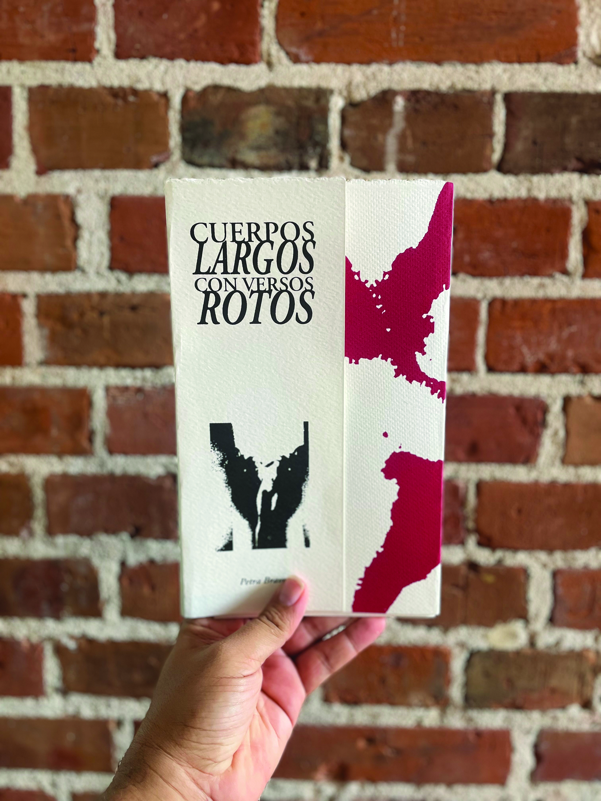 A brochure is held against a brick wall