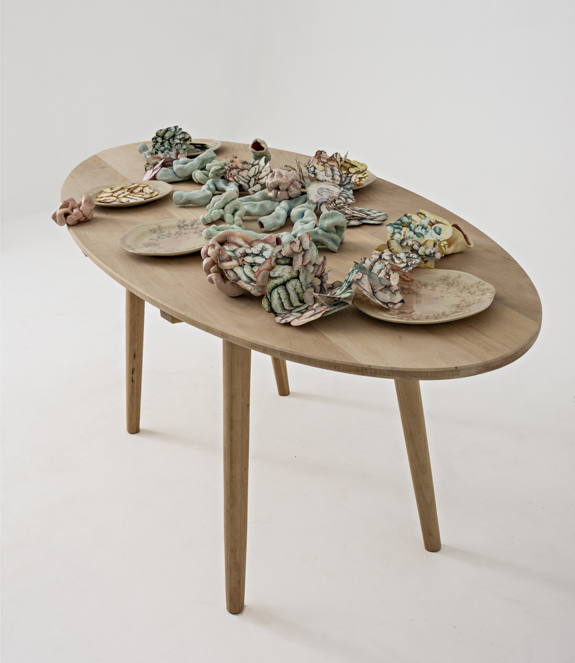 _DSC0948 (1) Ceramic plates sit upon a modern looking table. Brightly colored ceramic and printed entrails on paper sit on the plates and cascade across the table.