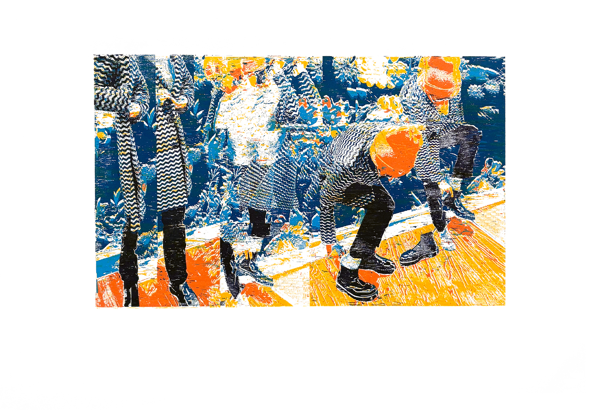DailyArmour_Smith_1 Relief print depicting repeated overlapping figures dressed in patterned coats and orange hats. The image is composed with bold colors, primarily navy blue, orange, white, and yellow, creating a textured, layered effect. The background features dense foliage, while the figures’ dynamic poses and repetition evoke a sense of motion and routine.
