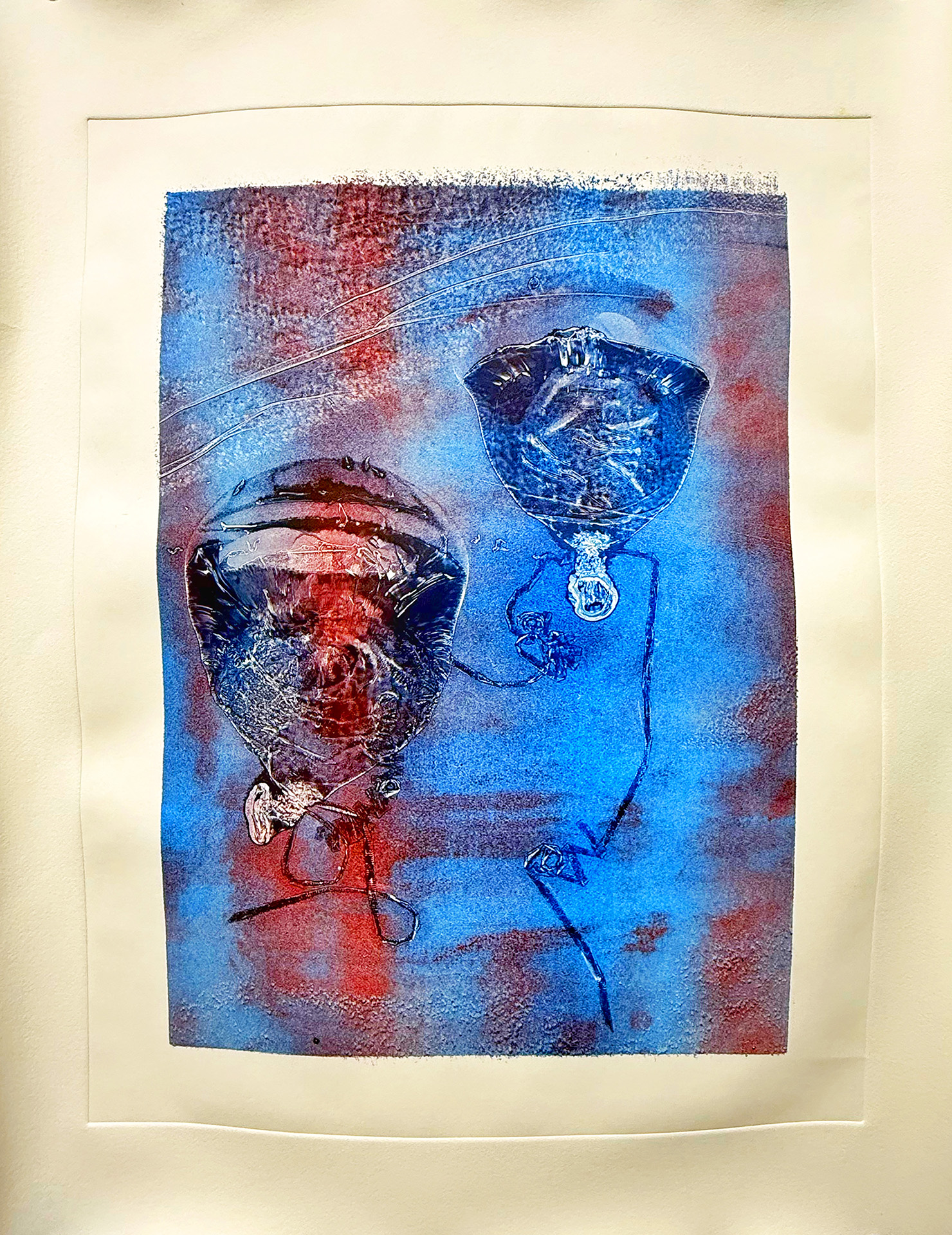 DoubleRupture_SokSong_8 This print captures the invisible yet mounting pressures of war through the use of folded latex balloons as a matrix. As the forms explode under compression, ink is pushed outward—leaving behind magnified traces that resemble impact craters, shrapnel, or bursts. The resulting image becomes a symbolic battlefield, where material rupture echoes psychological fracture. The folds, the pressure, and the stains collectively visualize the unseen force of trauma and its imprint on both body and memory.