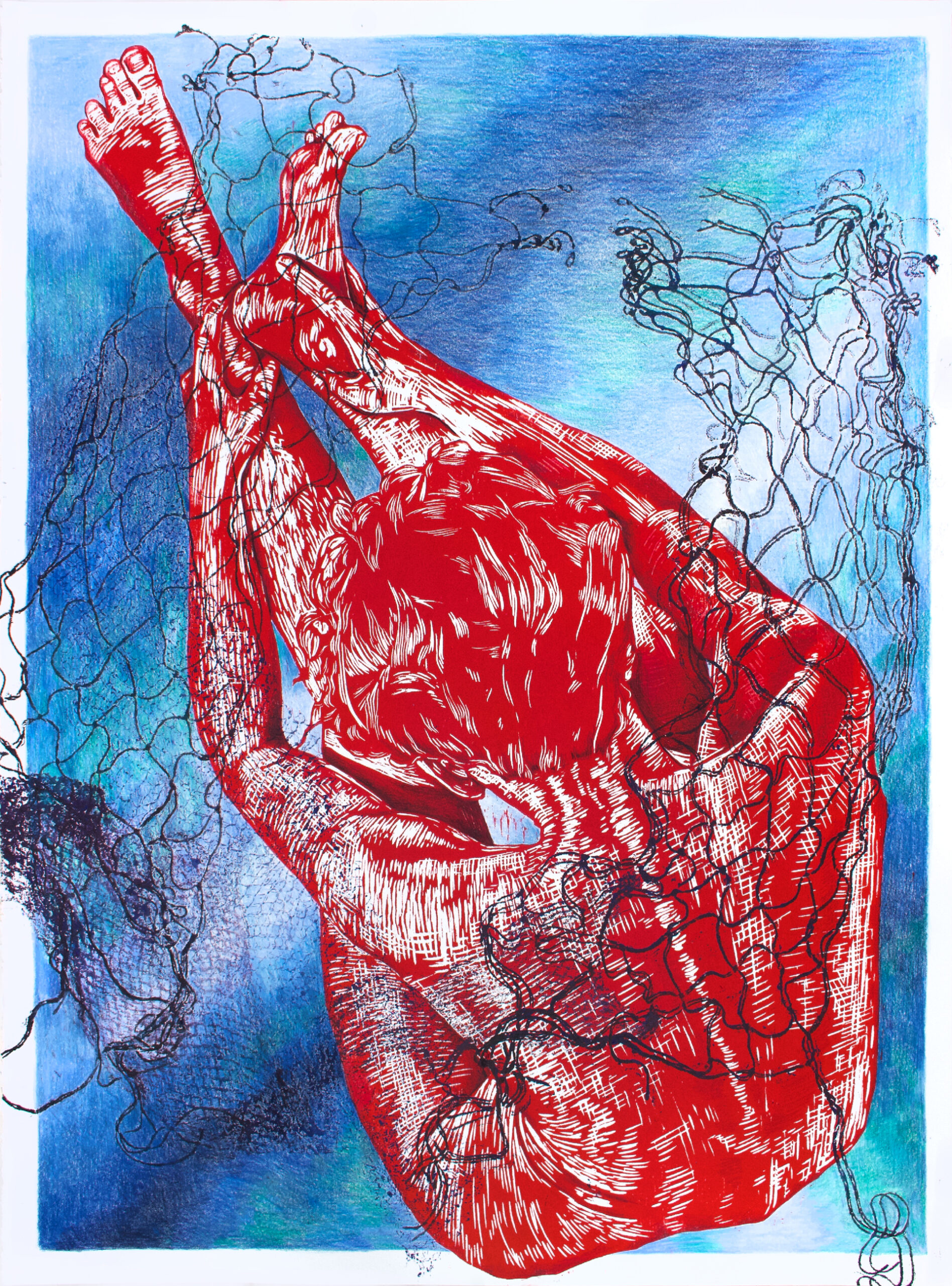 Entangled2_Smith_10 A red-toned relief print of a nude human figure shown from the waist down, with arms reaching downward and legs extended. The figure is detailed with expressive white cross-hatching that defines muscles and contours. The background is a blend of soft blues and aquas, giving a sense of depth. Black thread-like lines, resembling netting, wrap loosely around the figure’s limbs, creating a feeling of entanglement or suspension.