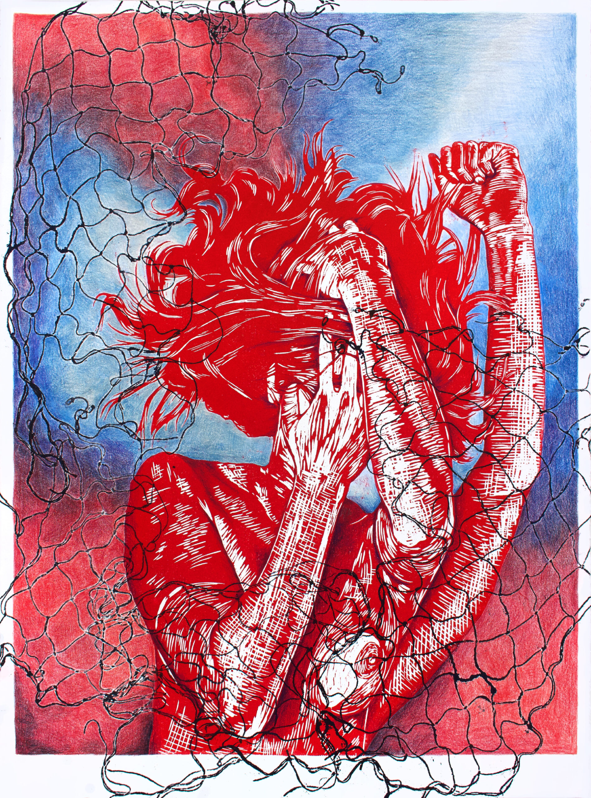 Entangled_Smith_8 Vivid relief print featuring a red-toned figure with dynamic, textured lines, shown pulling at their own hair with both hands. The figure's expressive posture and flowing hair convey a sense of tension or emotional intensity. A net-like black line pattern overlays the entire image, suggesting entrapment or constraint. The background is a gradient of blue, purple, and red, enhancing the dramatic atmosphere and emotional depth of the piece.