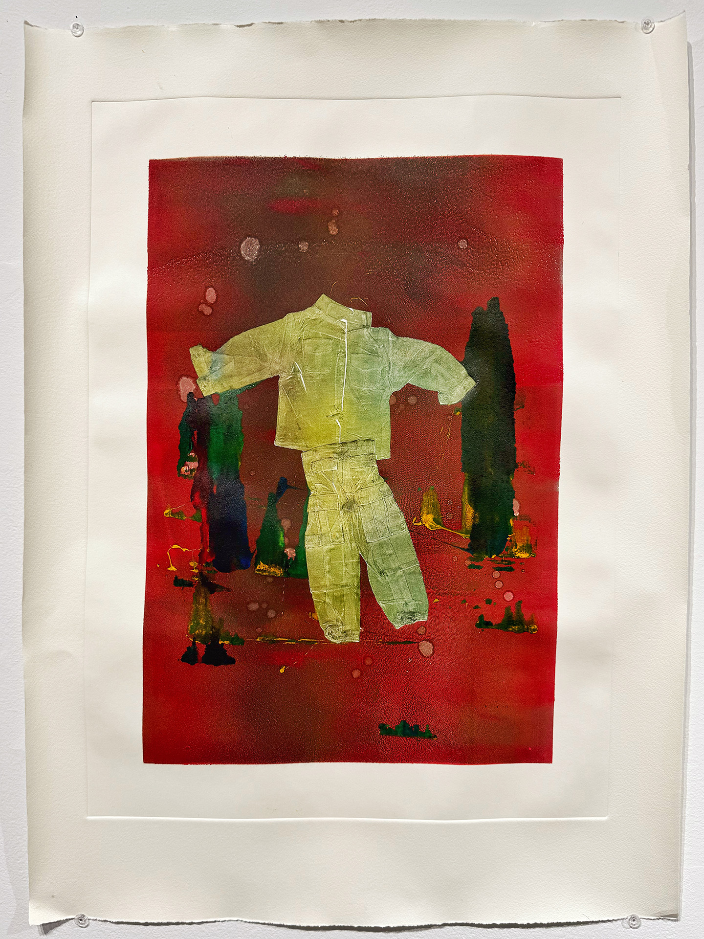 FloatingSoldier_SokSong_6 This print features a miniature doll-sized military uniform suspended in a dreamlike void. Set against a backdrop of ink-stained balloon explosions, it evokes a surreal battlefield where innocence, violence, and nostalgia intermingle. The disembodied figure hovers—caught between weightlessness and detonation, suggesting the emotional dissociation of growing up under the shadow of war.