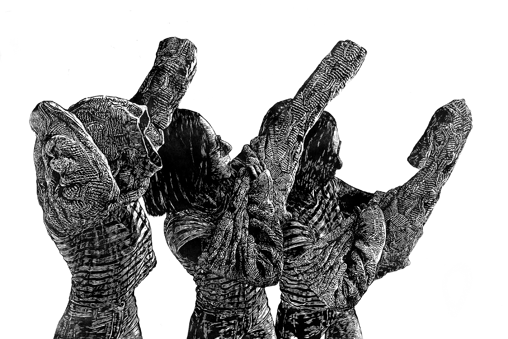 GetReady2_Smith_7 Black and white relief print depicting three figures in striped shirts, shown in the process of putting on or taking off sweaters. The figures are portrayed in a sequence from left to right, each with arms raised, partially obscured by textured, oversized garments. The intricate carving emphasizes fabric folds, patterns, and the physical motion of dressing, with strong contrast and detailed linework. The background is left blank, drawing attention to the figures and their gestures.