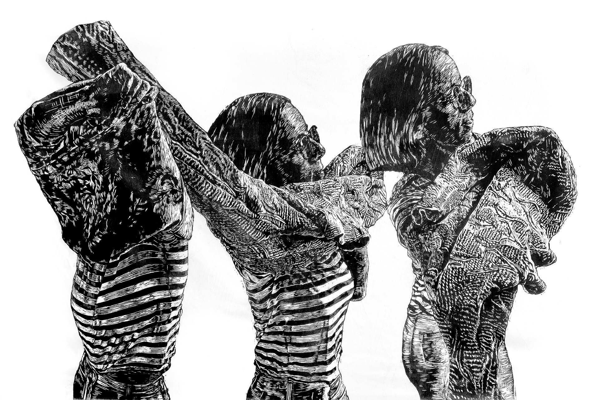 GetReady_Smith_6 Black and white relief print depicting three figures in striped shirts, shown in the process of putting on or taking off sweaters. The figures are portrayed in a sequence from left to right, each with arms raised, partially obscured by textured, oversized garments. The intricate carving emphasizes fabric folds, patterns, and the physical motion of dressing, with strong contrast and detailed linework. The background is left blank, drawing attention to the figures and their gestures.