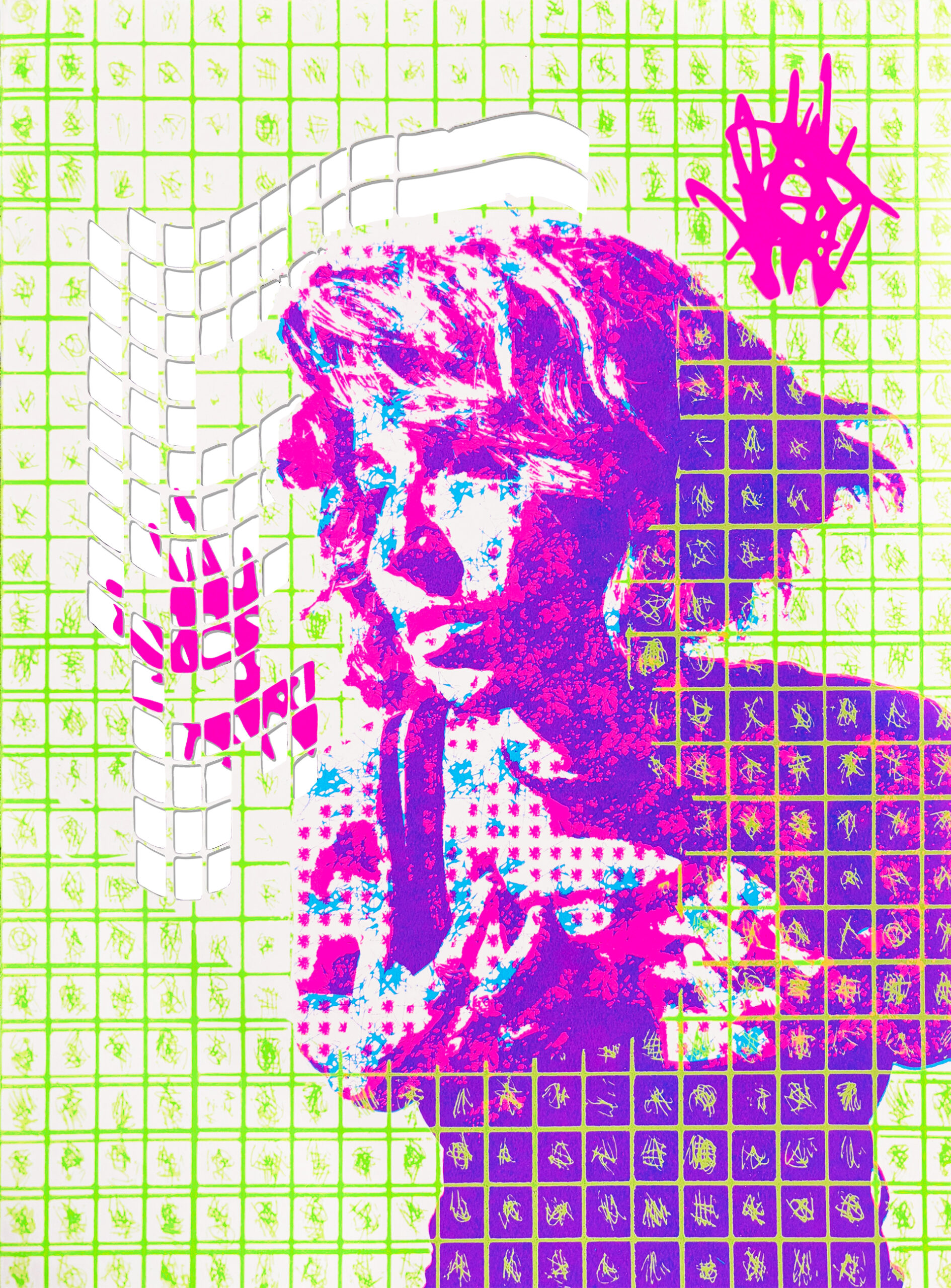 Gorelick_Brittany_1 A femme presenting individual with a Bob haircut faces ¾ to the left. They are printed in pink and blue, overlapping to make purple. The two layers are comprised of pink tiny scribbles placed very closely in a grid formation. The person hands are grabbing at their chest and have a far off expression on their face. A lime green square grid overlaps itself in the background and on top of the person, leaving part of their face and chest exposed. </p>
<p>The print has distorted squares cut out of the paper. There is a bright pink scribble behind the cut out section, and in the upper right corner.<br />