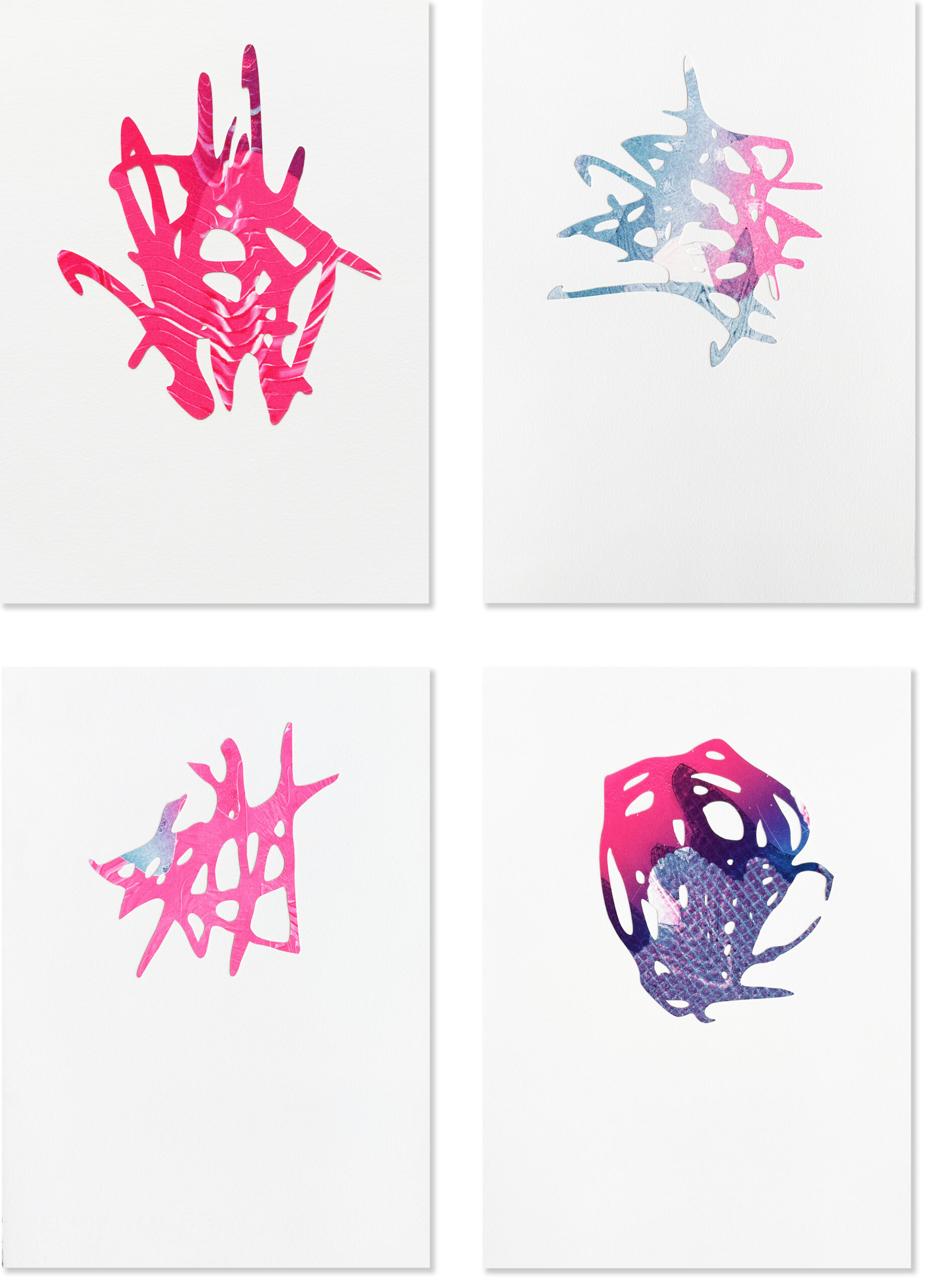Gorelick_Brittany_2 A quadriptych where each piece has its own plotter cut scribble atop a white sheet of BFK. Each shape is taken from previous work and scaled up. Each Mark is comprised of various shades of Fluorescent Pink, Fluorescent Blue, Purple and White.