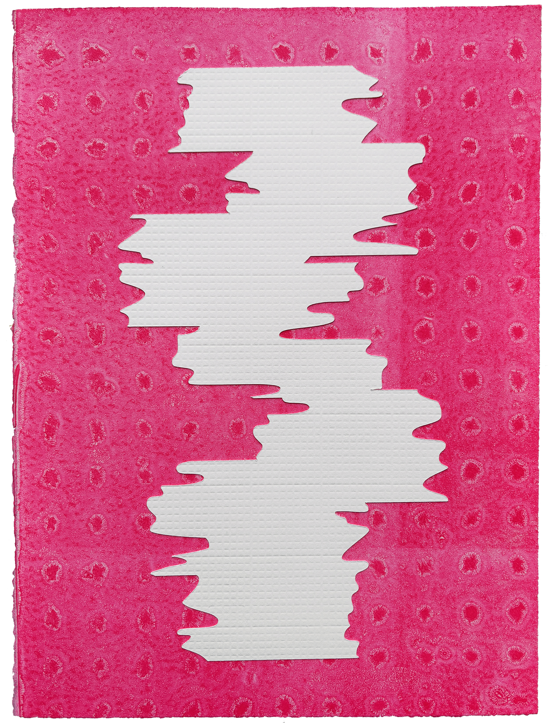 Gorelick_Brittany_3 A white abstract form sits atop a Fluorescent Pink background. The White shape is textured with a tight debossed grid. The pink background has a subtle pattern comprised of small visual bursts