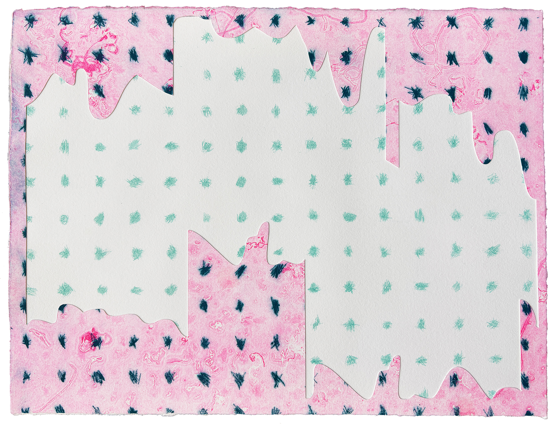 Gorelick_Brittany_4 A white plotter cut shape of an abstracted EKG of a panic attack sits upon a grid of green scribbles on a pink ground