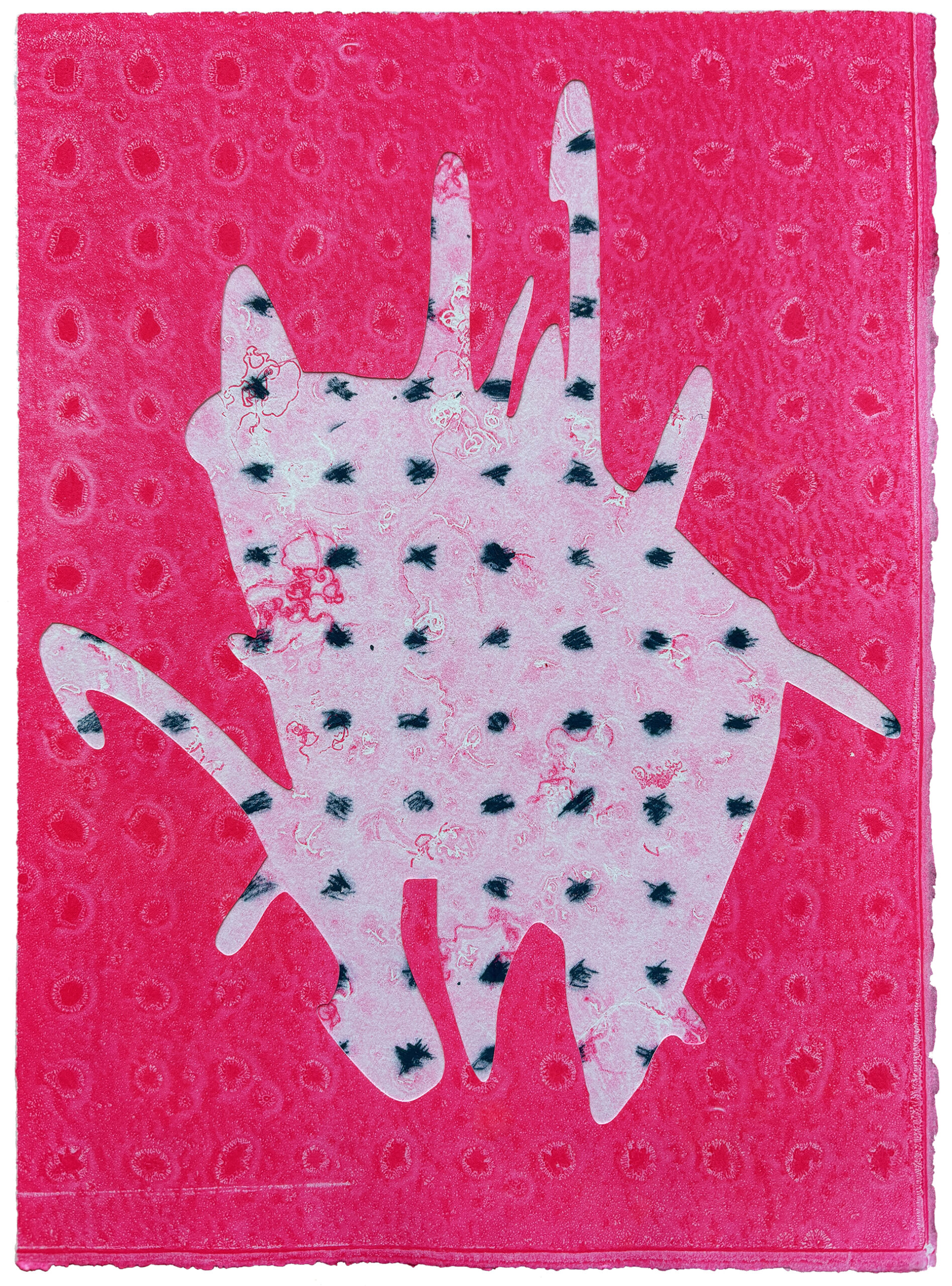 Gorelick_Brittany_5 A plotter cut scribble covered with pink and a grid of green scribbles sits on a fluorescent pink background.