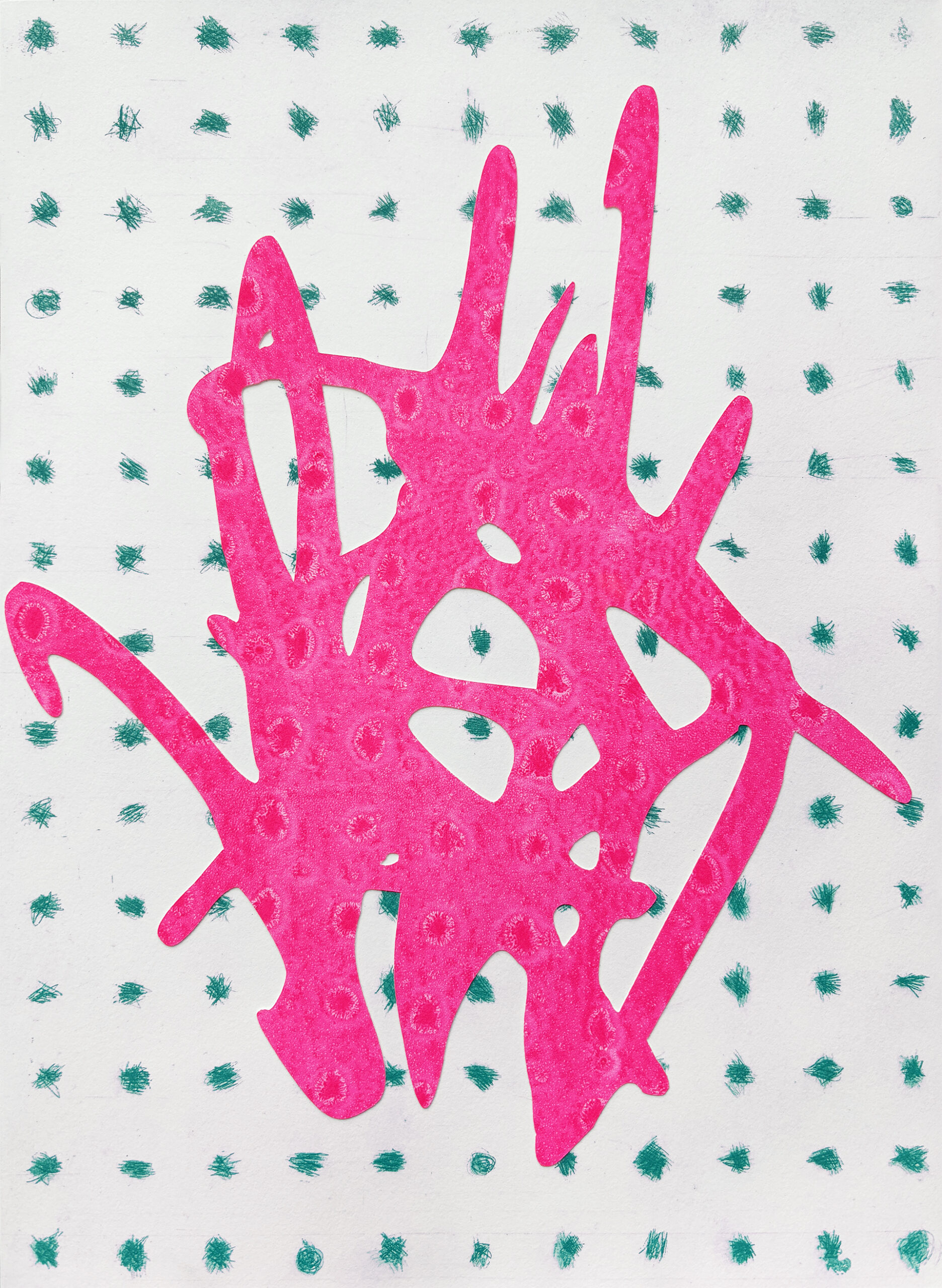 Gorelick_Brittany_7 A fluorescent pink abstract shape sits atop a background grid pattern comprised of much smaller abstract scribbled marks in a light teal color.