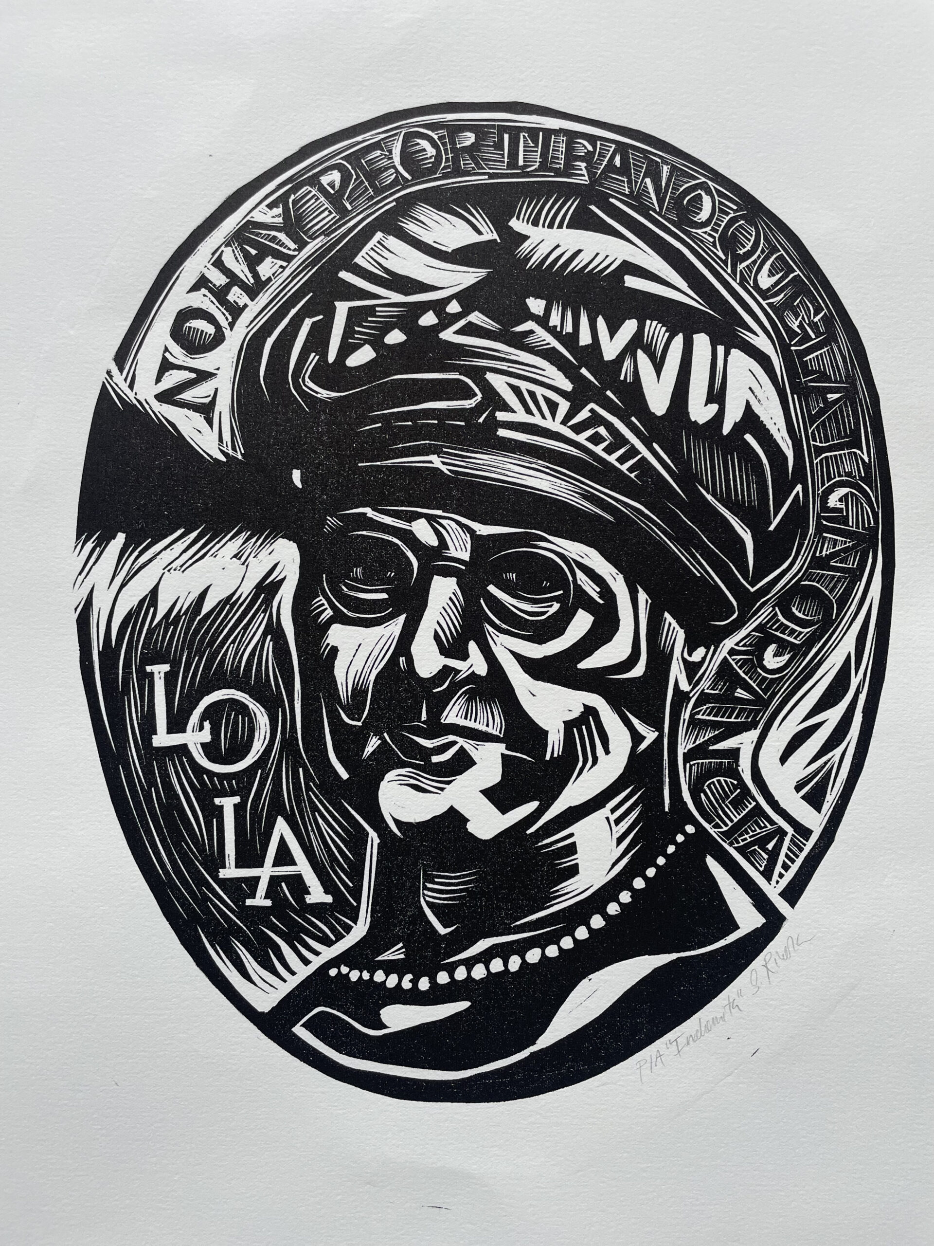 A figure in a headdress and glasses dominates a composition reminiscent of ancient coins