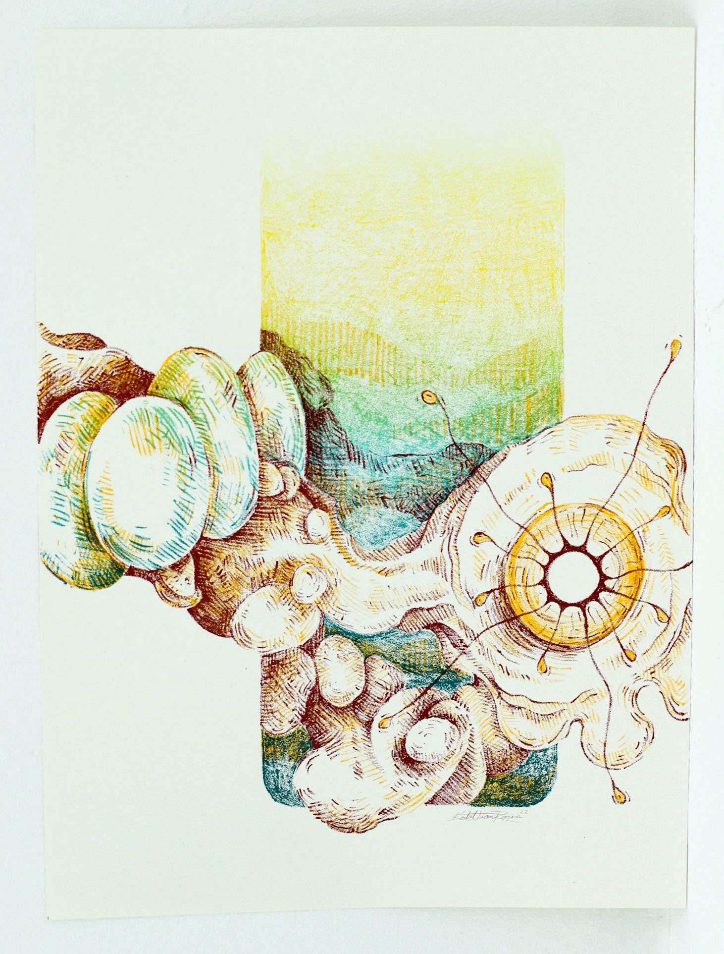 Juan, 22_x15_ screenprinting 2022 A biomorphic mass with a ganglial "eye" emerges from a split fountain rectangle