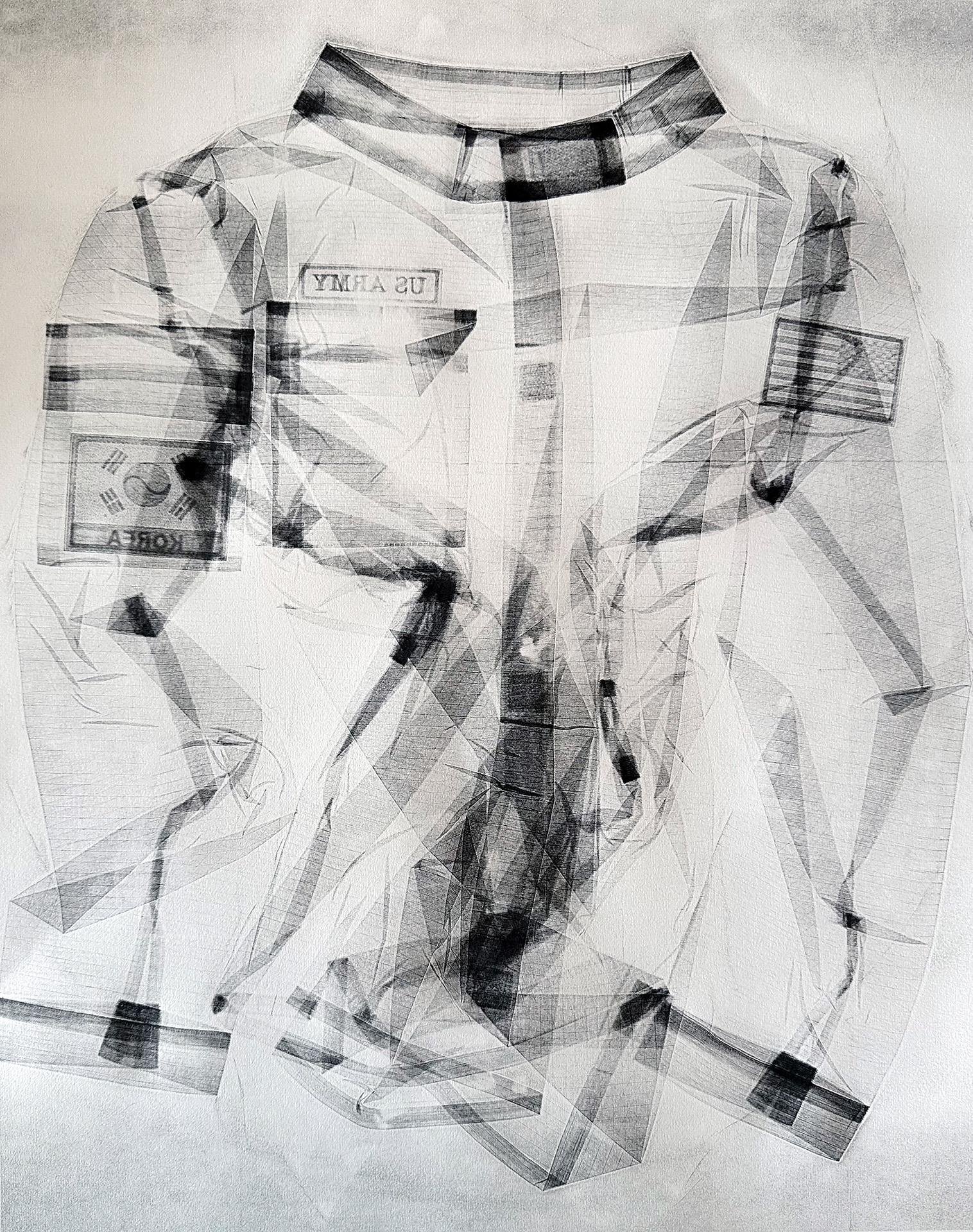KoreanorAmerican_SokSong_1 This collagraph monoprint of an American army uniform, adorned with patches of both Korean and U.S. flags, serves as a poignant reflection on identity and the visible traces of American influence on South Korea’s history. It also speaks to my own experience growing up as a first-generation, gay Korean immigrant.