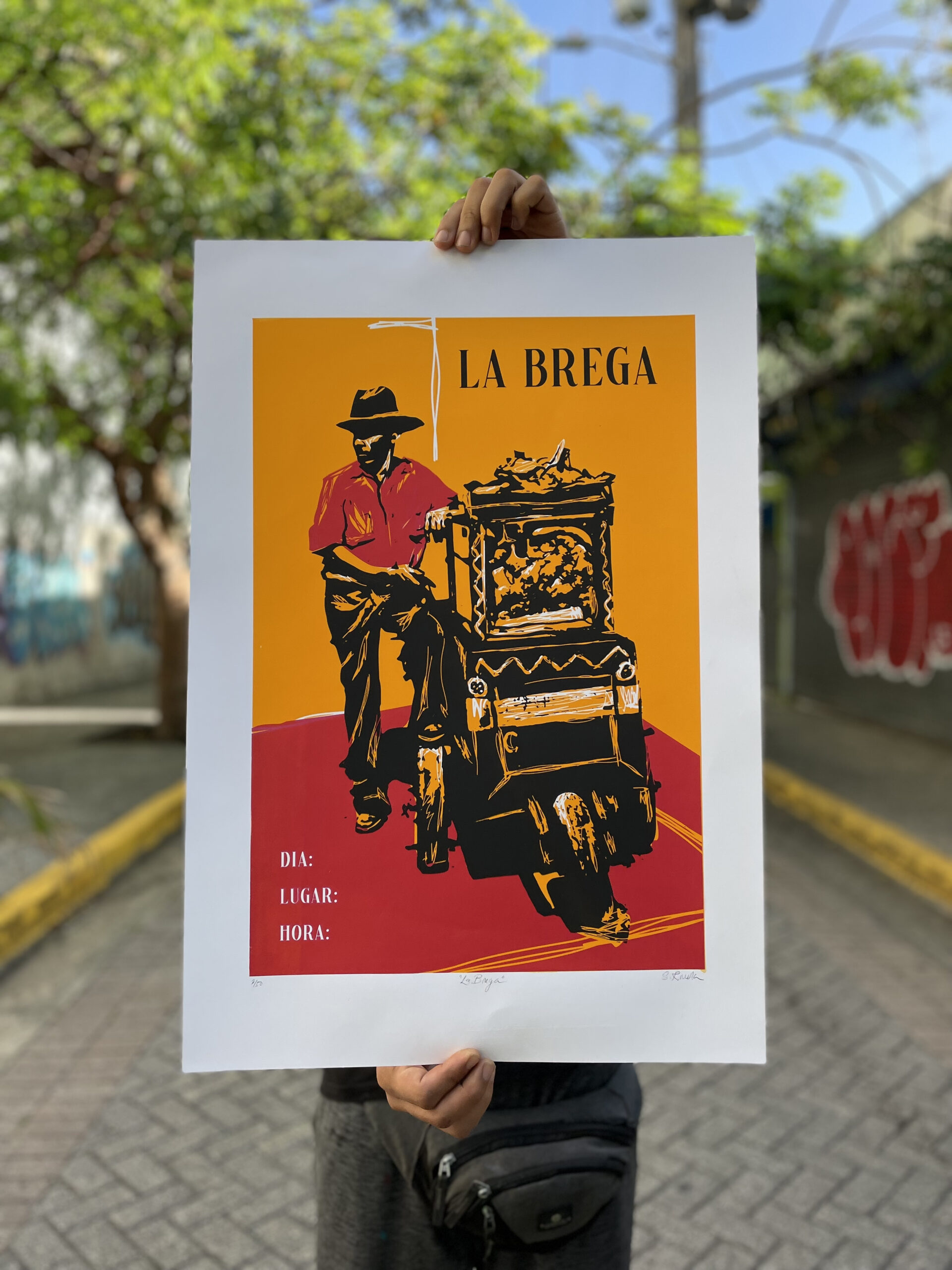 A man stands at a food cart in a composition of yellow, red, and black