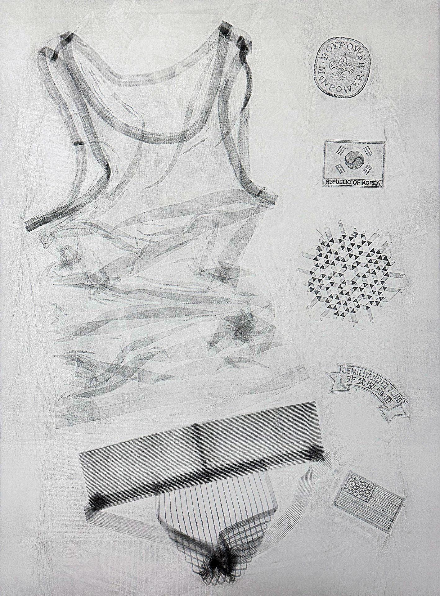 MilitaryUndress_SokSong_2 This print reveals a layered composition of undergarments—an intimate counterpoint to the visible uniform. Through graphite transfers and pressure printing, the work exposes the concealed labor and vulnerability beneath the surface of military presentation. Referencing the hidden layers of identity, gender, and desire, it reflects the internal contradictions of growing up queer within hypermasculine, militarized environments.