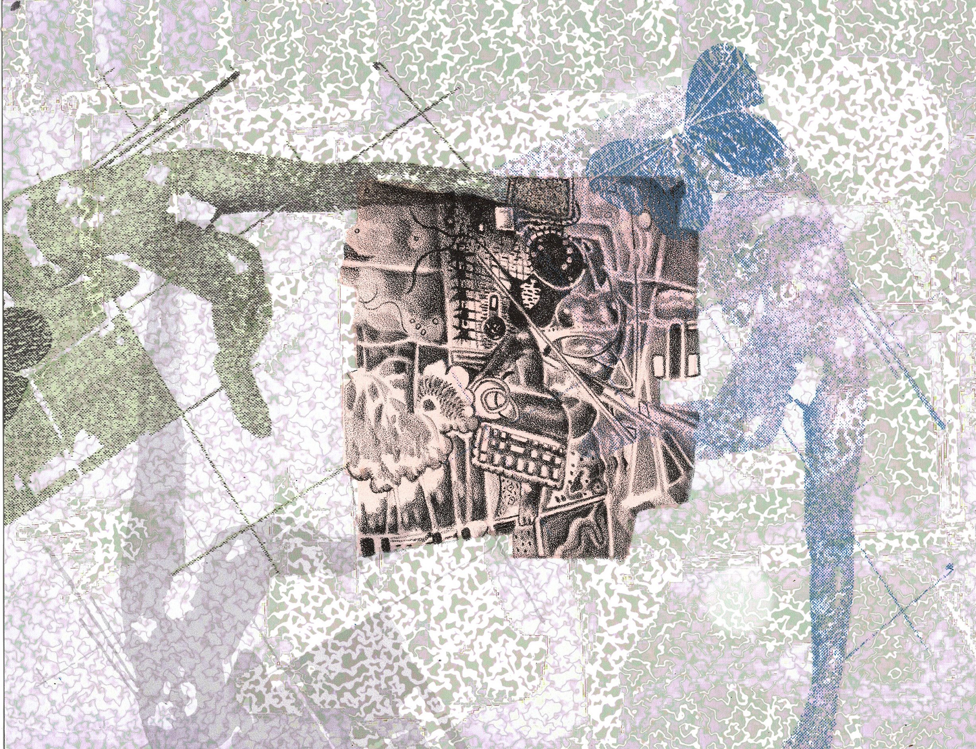 A complex layered background of textures, butterflies, and falling figures gives way at the center to irregularly shaped panel of crowded lithographic drawing in stark black on a pink tint.