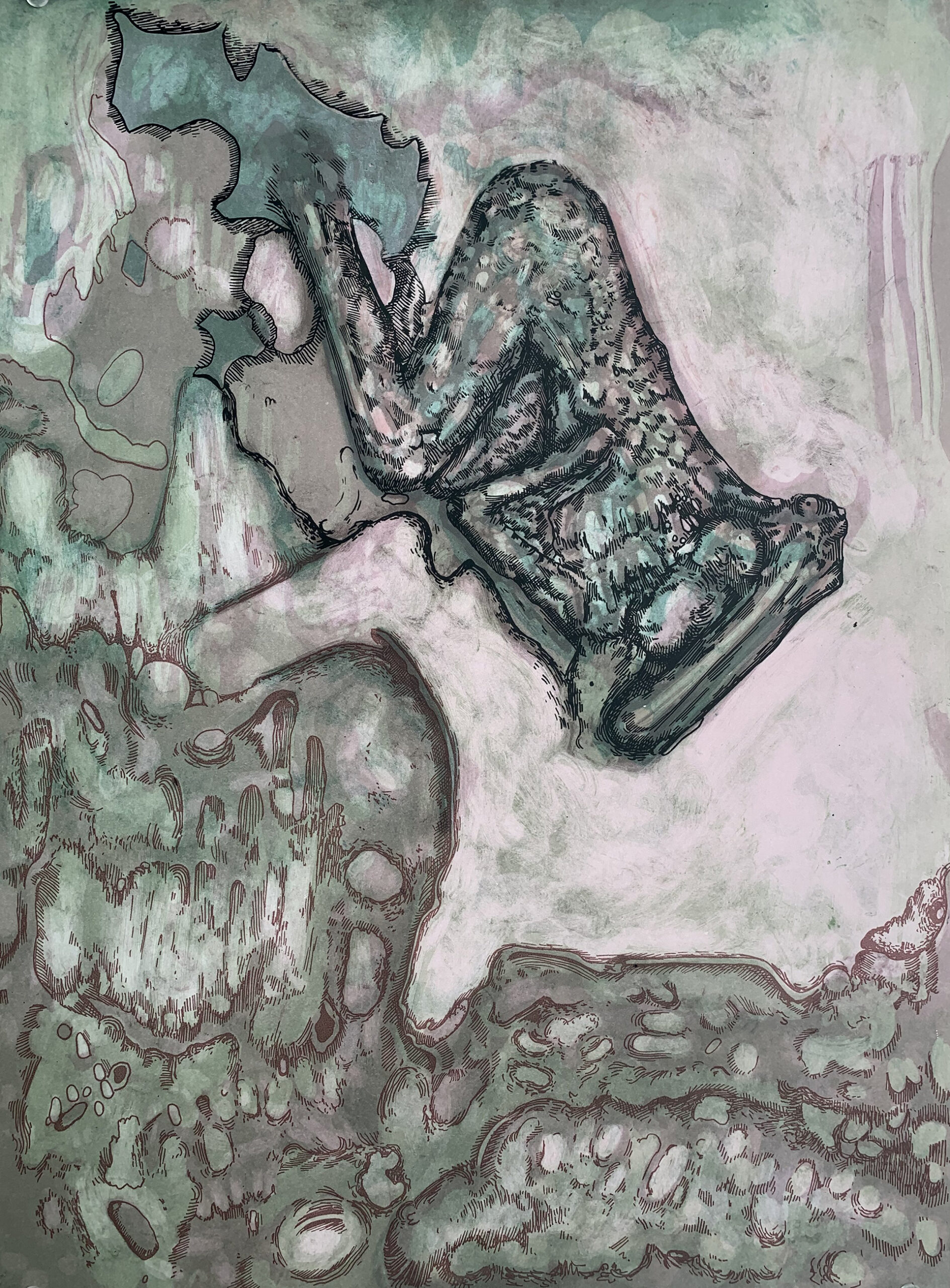A curled up figure is almost camouflaged among a textured composition in greens and pinks that reads as swampy or moldy.