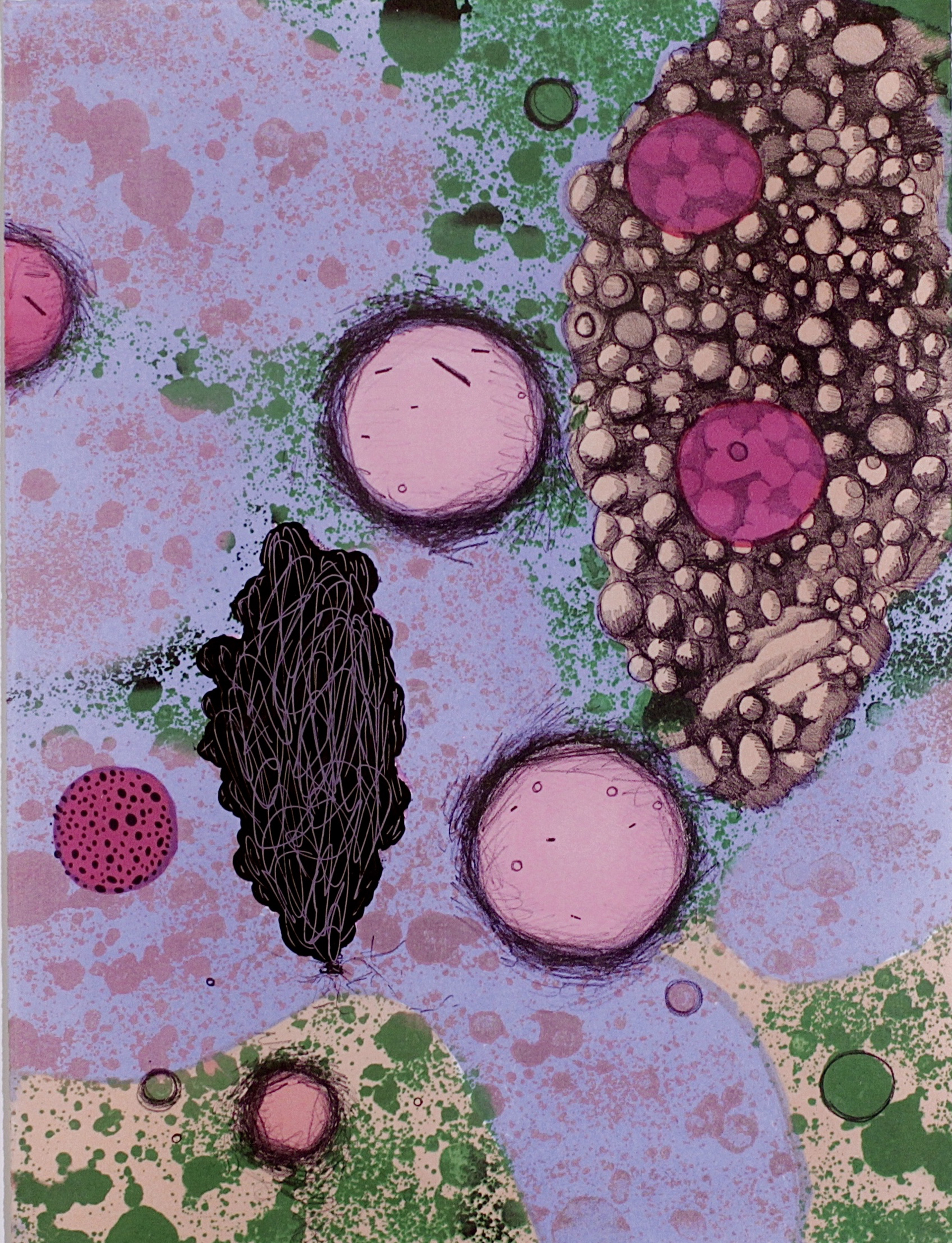 Textured, cell-like forms fill a composition in pastels and intense magenta & green.