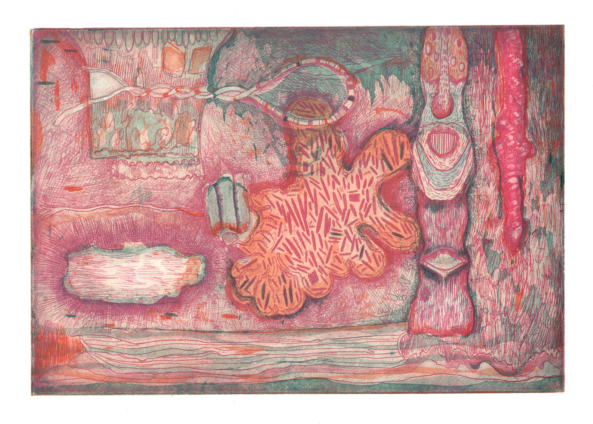 A crowded composition of largely nonobjective forms in bright colors where they work together to evoke a domicile with figures.