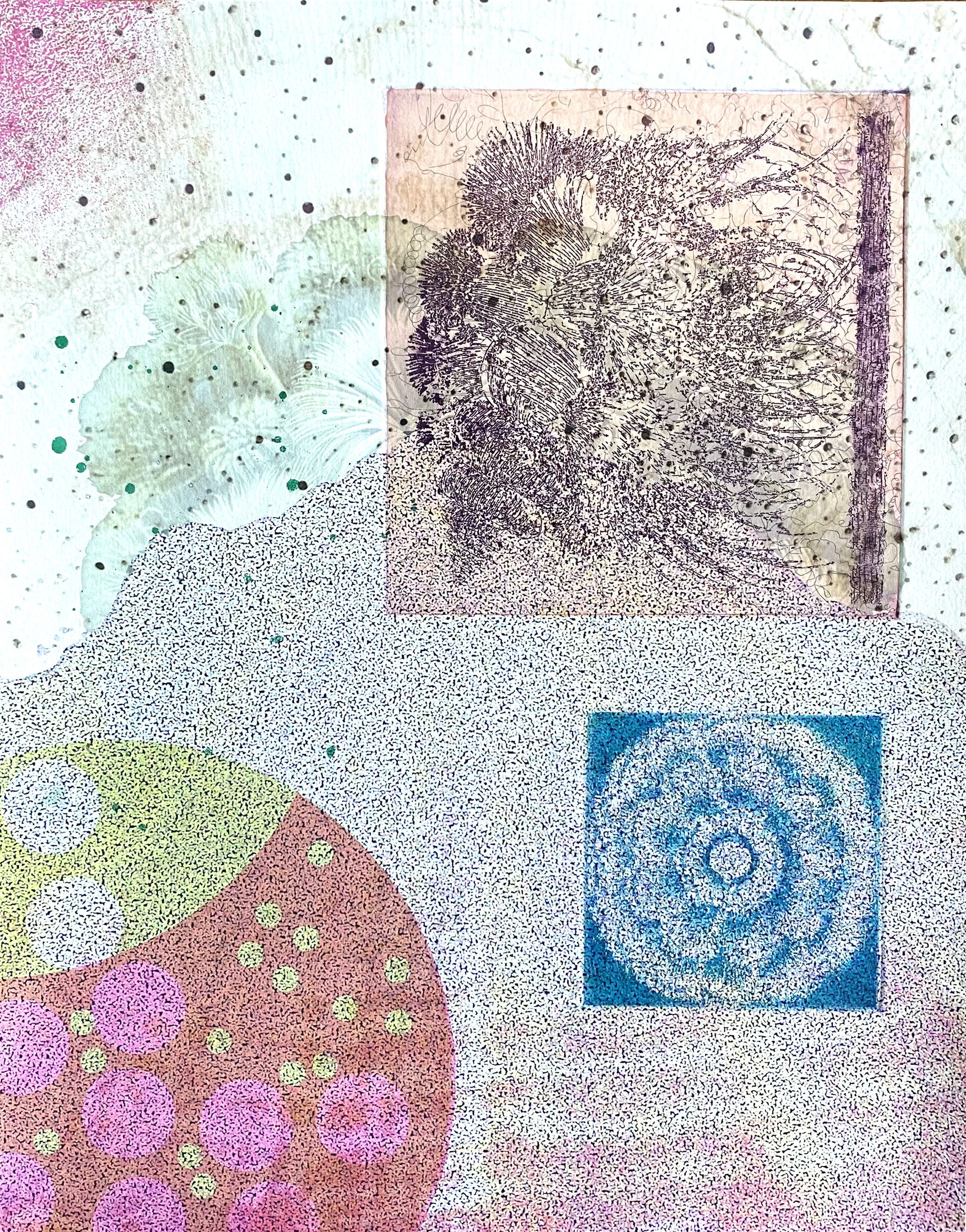 A dense composition of textures and biomorphic forms in bright colors. The total image evokes coral reefs.