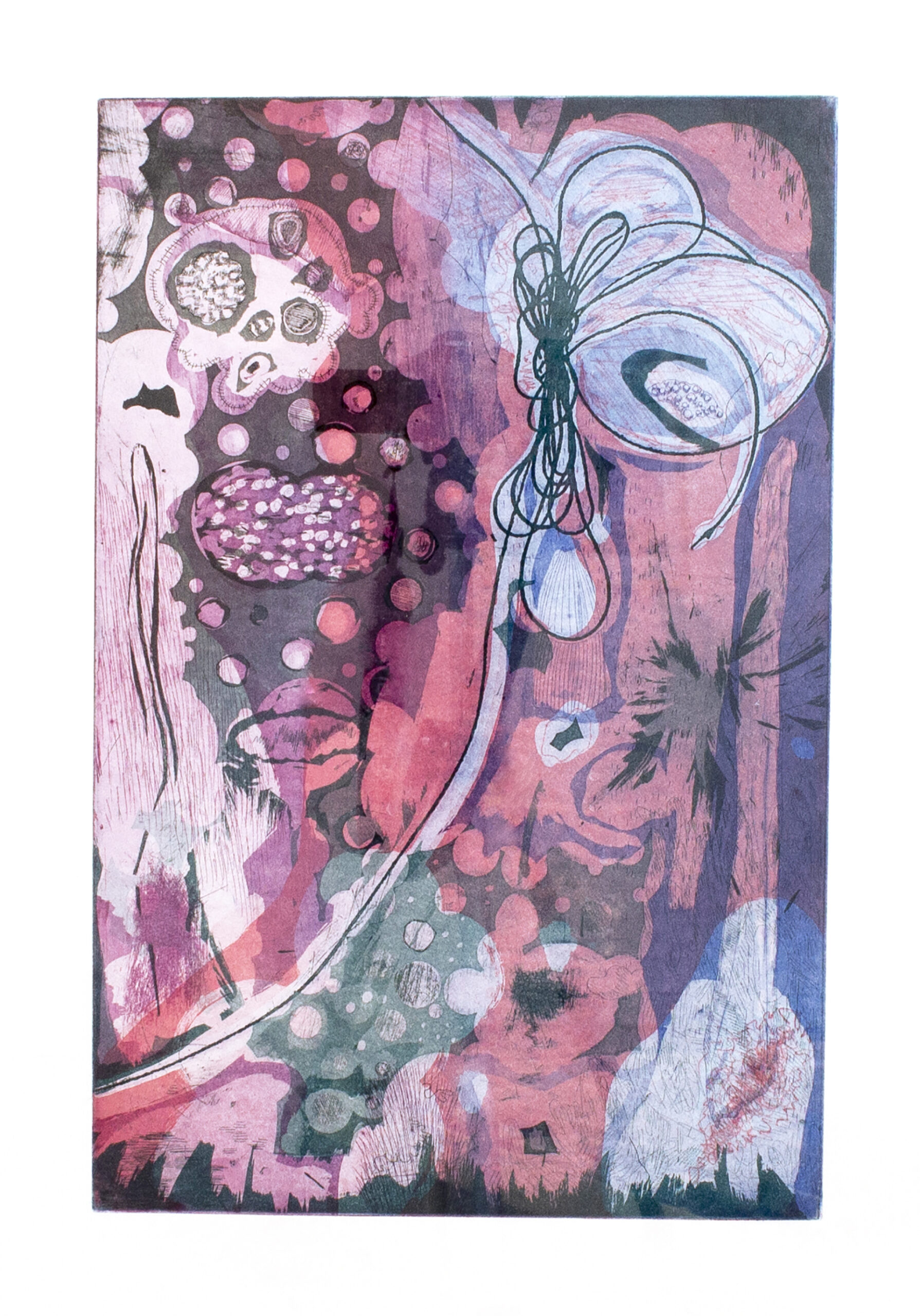An abstract composition of washes and bold lines in reds, greens, and violets.