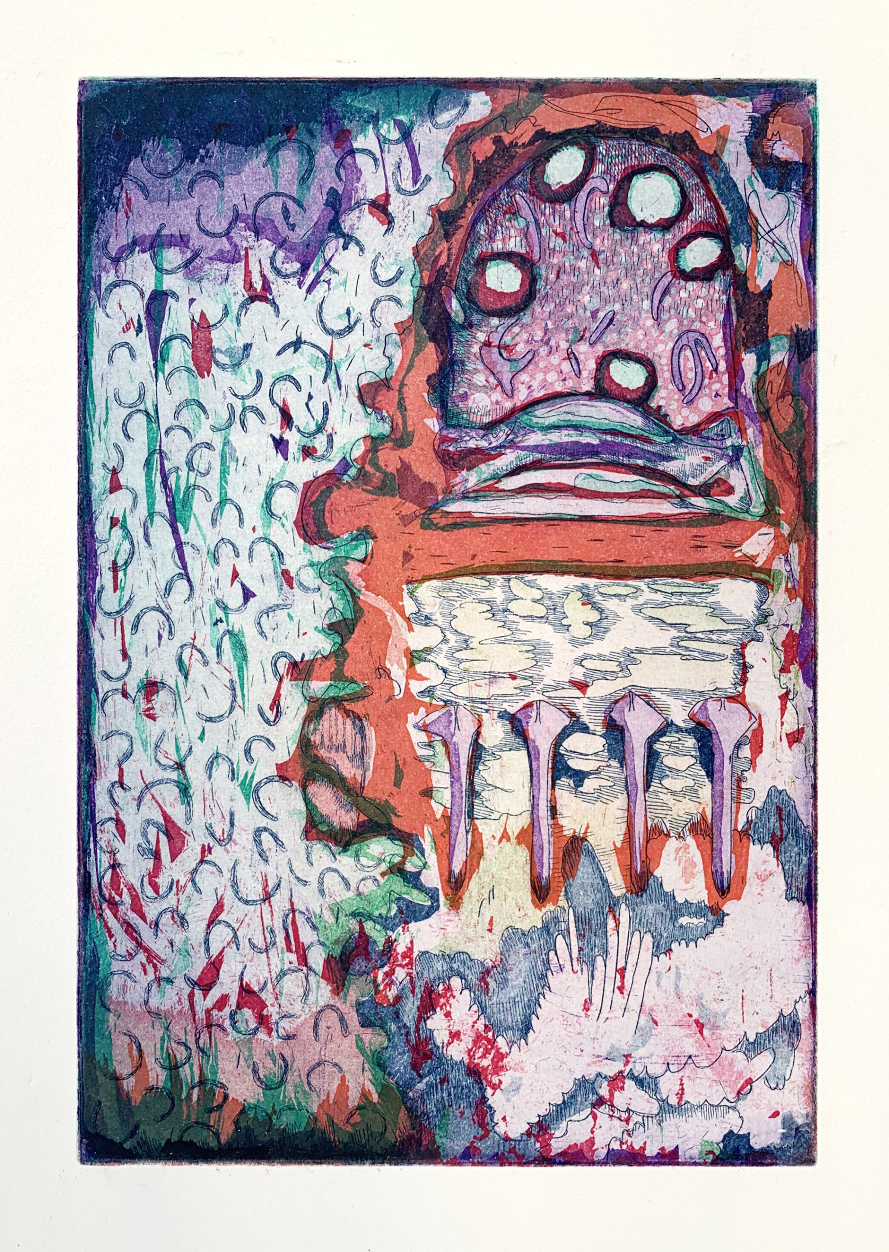 Faces emerge from among banners in layers as if at a protest. Everything is composed of busy lines that evoke wind or flame.