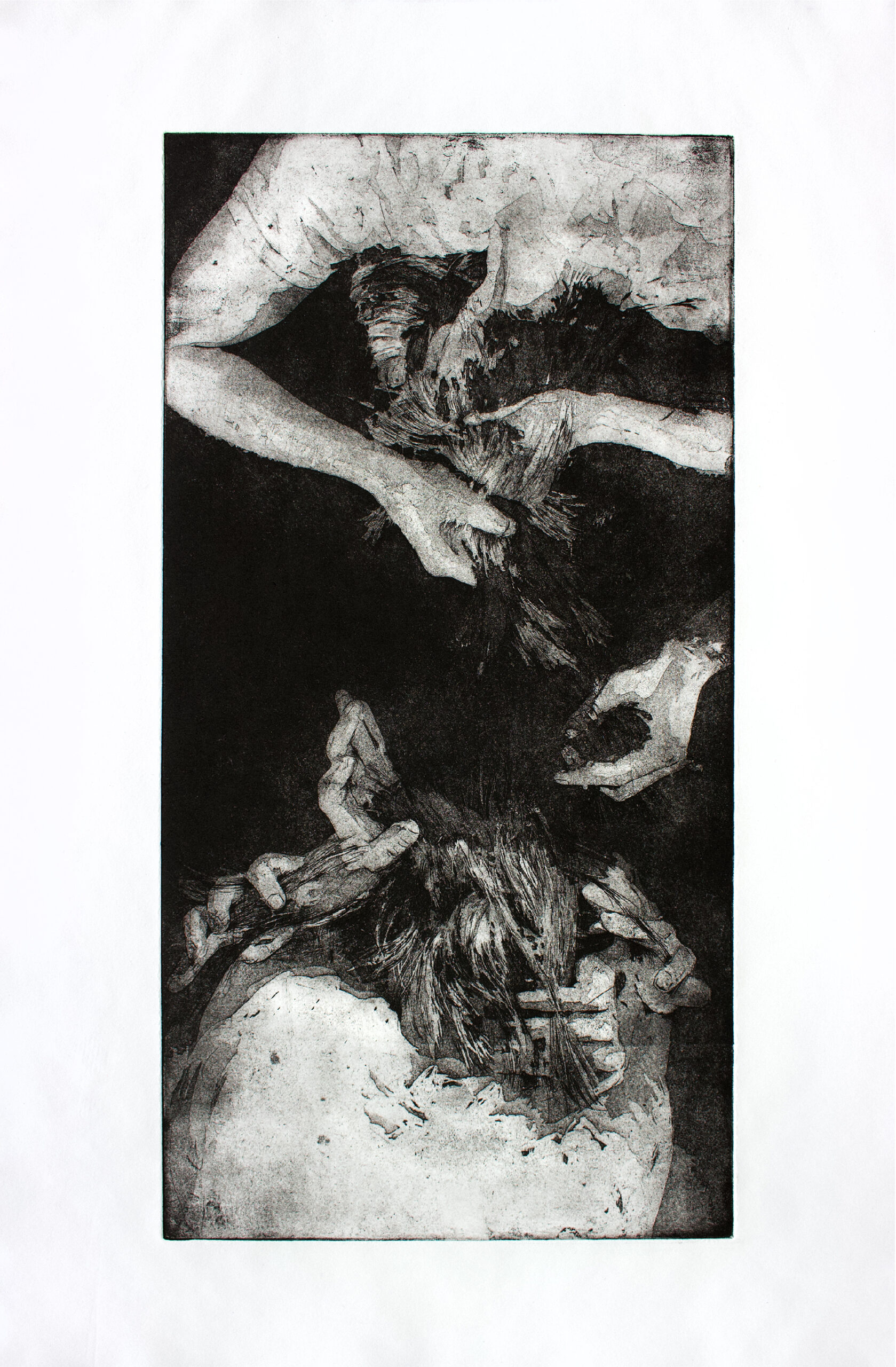 Pulling2_Smith_4 A black-and-white aquatint etching depicting a pair of figures intertwining their hands into their hair. Multiple hands emerge from above, grasping and pulling the figure’s hair upward in dynamic, overlapping gestures. The rich blacks and soft grays create a highly textured, atmospheric image that conveys tension, motion, and intimacy.