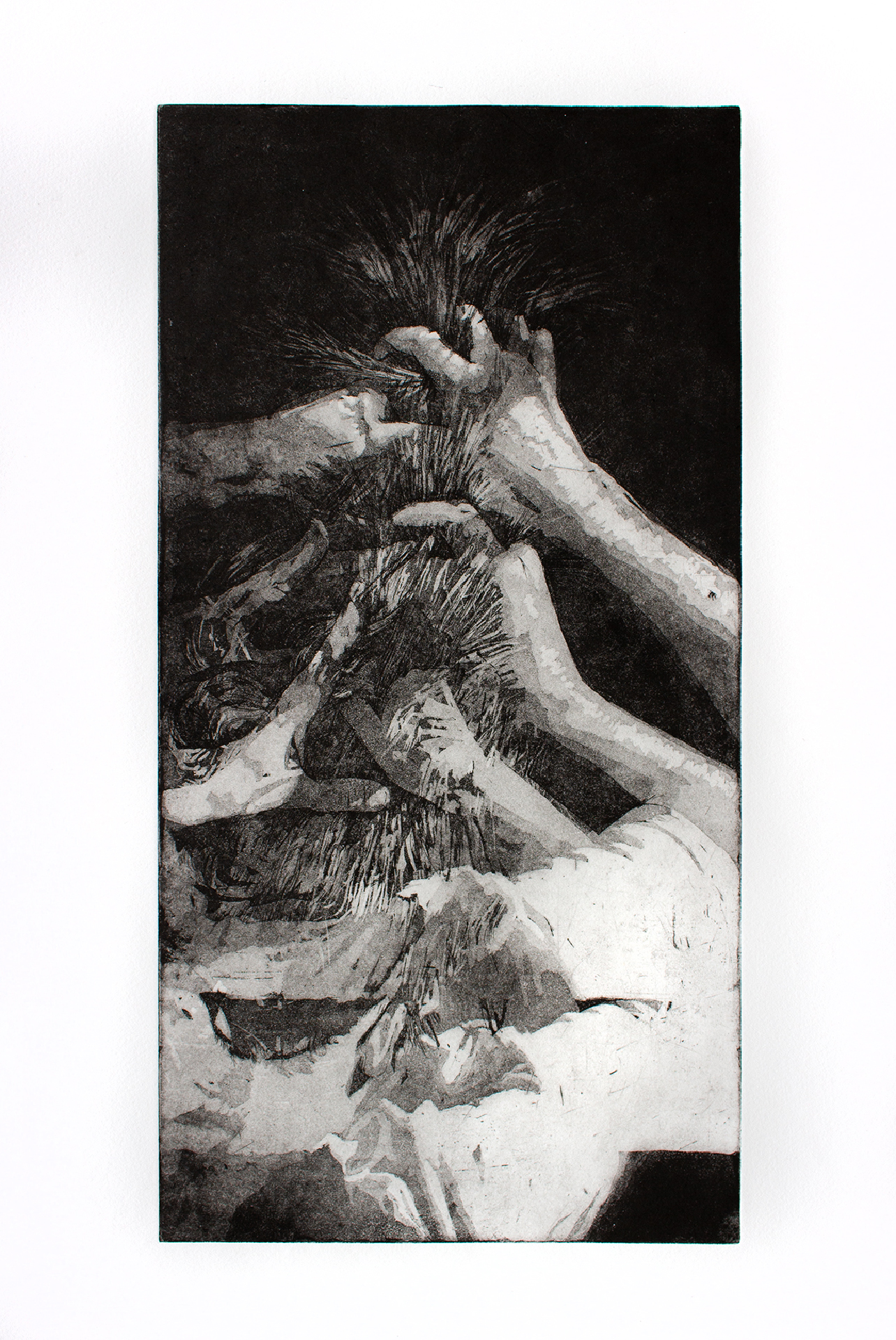 Pulling_Smith_3 A black-and-white aquatint etching depicting a close-up of a figure lying down with multiple hands reaching into their hair, pulling upward. The image has dramatic lighting and rich tonal contrasts, emphasizing texture and gesture. The composition is vertical, with the figures face obscured, creating a sense of tension and layered movement.