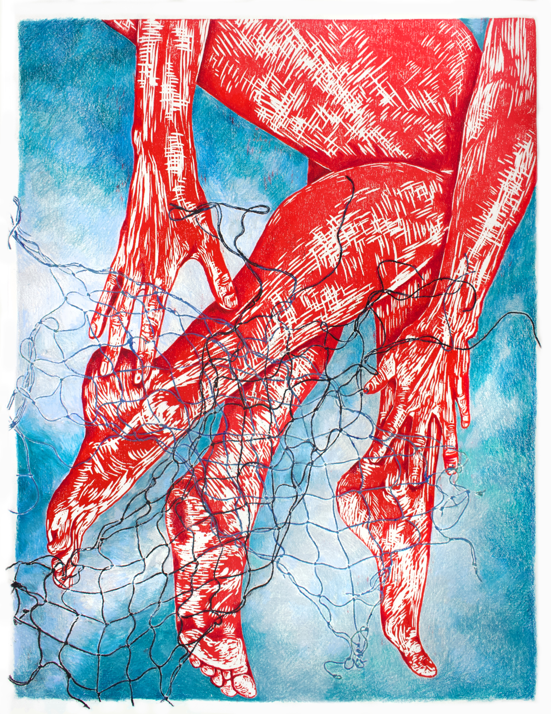 Reaching_Smith_9 A red-toned relief print of a nude human figure curled in a fetal position, viewed from the back. The figure is highly detailed with white cross-hatching marks that emphasize musculature and contours. The background features a gradient of deep blue and aqua tones, with abstract black thread-like lines weaving around and across the figure, resembling netting or tangled strands.