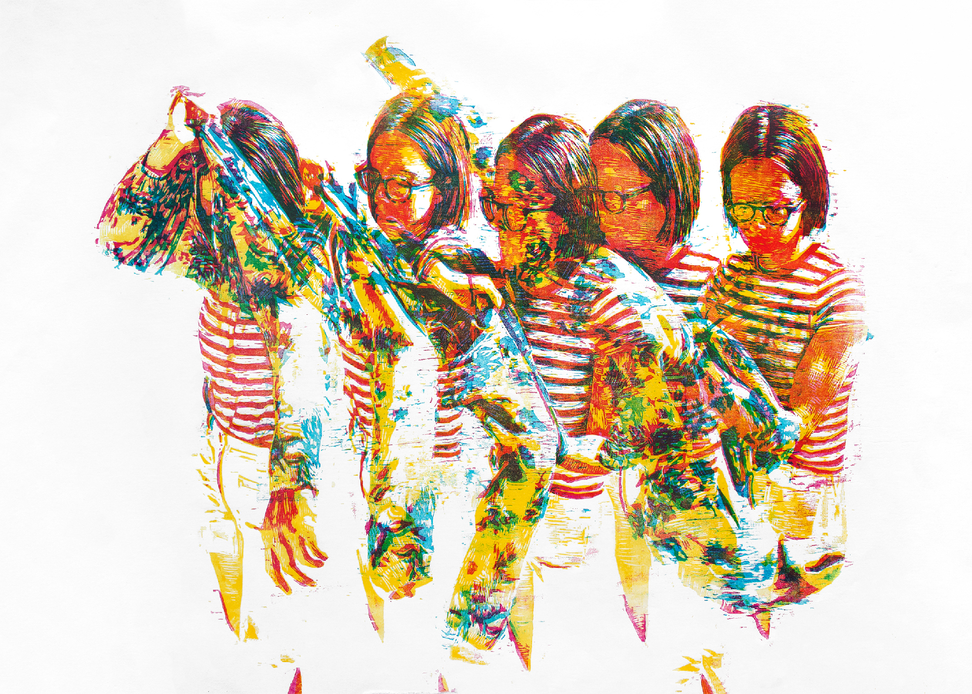 Relief print showing a sequence of a woman putting on a brightly patterned sweater, layered with overlapping impressions to depict motion. She wears glasses and a red-and-white striped shirt, and her short hair is rendered in vivid strokes. The print uses a dynamic palette of cyan, magenta, yellow, and red, creating a multicolored, almost glitch-like effect. The white background emphasizes the energetic, repeated figures in various stages of the action.