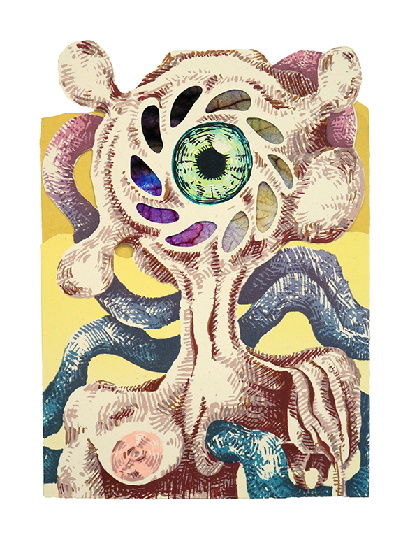 Ser Orbe 08 A composite creature centered by a large eyeball looks out at the audience. Around the eye is a circle of petal like shapes cut through the paper to expose a umbra of cell-like forms.