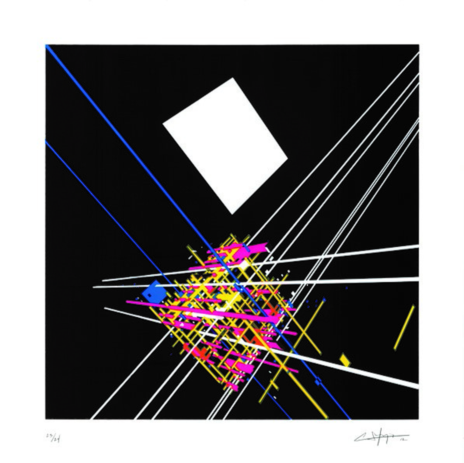 Sotomayor_Cresenciano_1 Many intersecting lines in vibrant colors on a black ground form a diagonal grid that becomes increasingly dense toward the center of the composition. Above looms a large, white rectangle warped to appear receding in space.