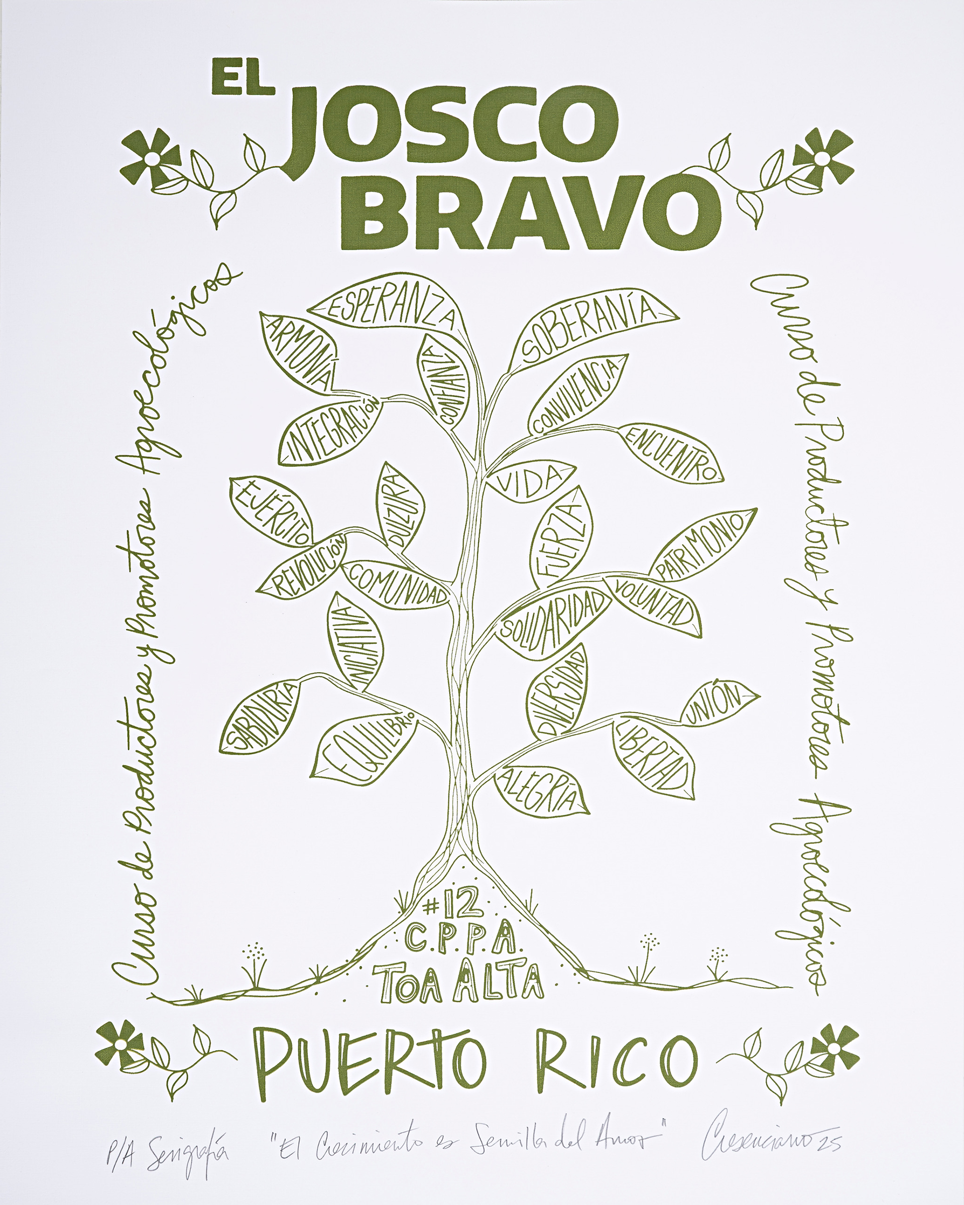 Sotomayor_Cresenciano_10 A poster in green drawing and text of a plant emerging with social justice messages on the leaves.
