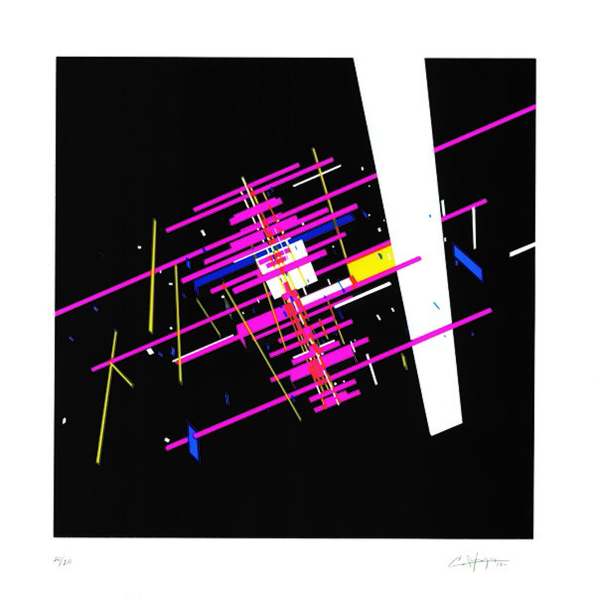 Sotomayor_Cresenciano_2 Vibrant, digital lines intersect at various angles creating a dense area of mostly magenta lines near the center at a diagonal. At the edge of the magenta mass a narrow white rectangle enters the image area from the top right and proceeds down at angle to "block" the mass of color.