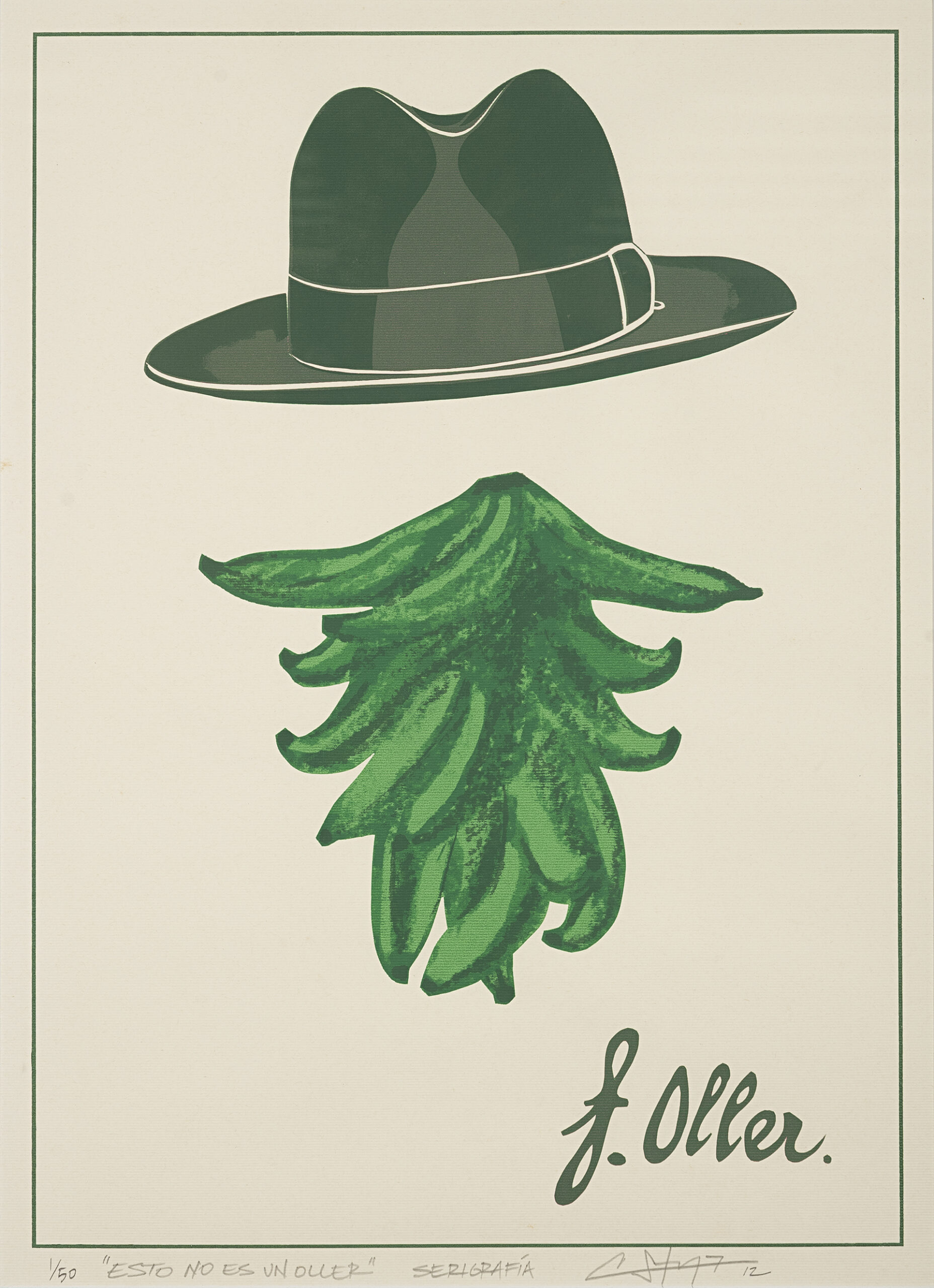 Sotomayor_Cresenciano_3 A fedora hangs over a bunch of green plantains in the shape of a beard. Below is the text J Oller