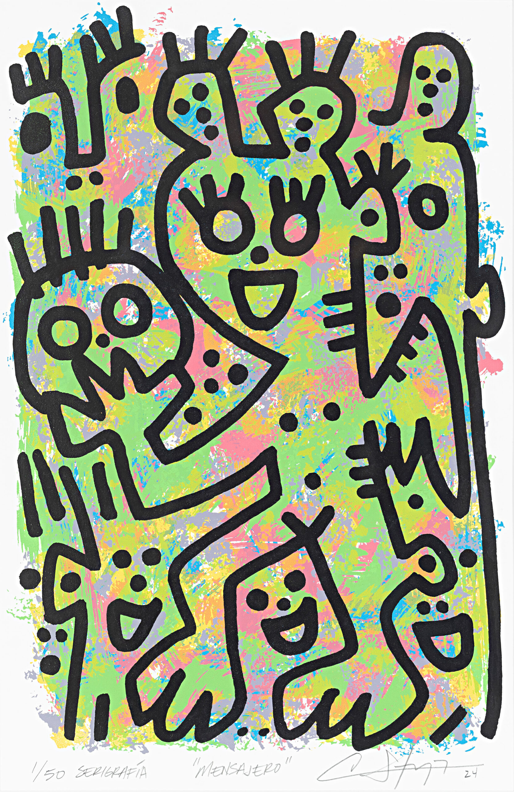 Sotomayor_Cresenciano_6 Abstracted figures in thick, bold, black outlines sit upon a background of vibrant painterly strokes of colors.