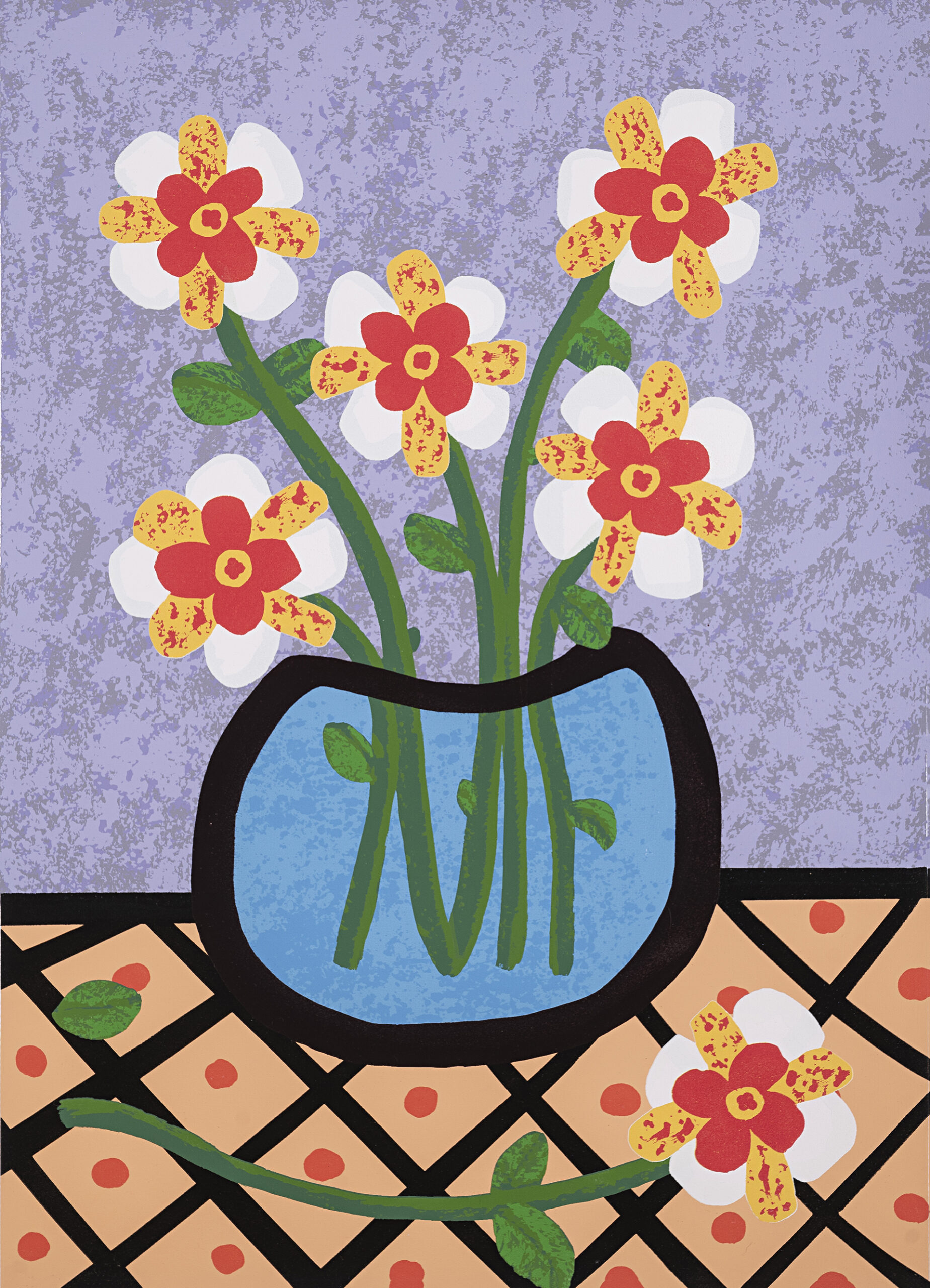 Sotomayor_Cresenciano_7 A flower arrangement in red, yellow, and white sits in a vase on a checked tablecloth in front of a lavendar wall.