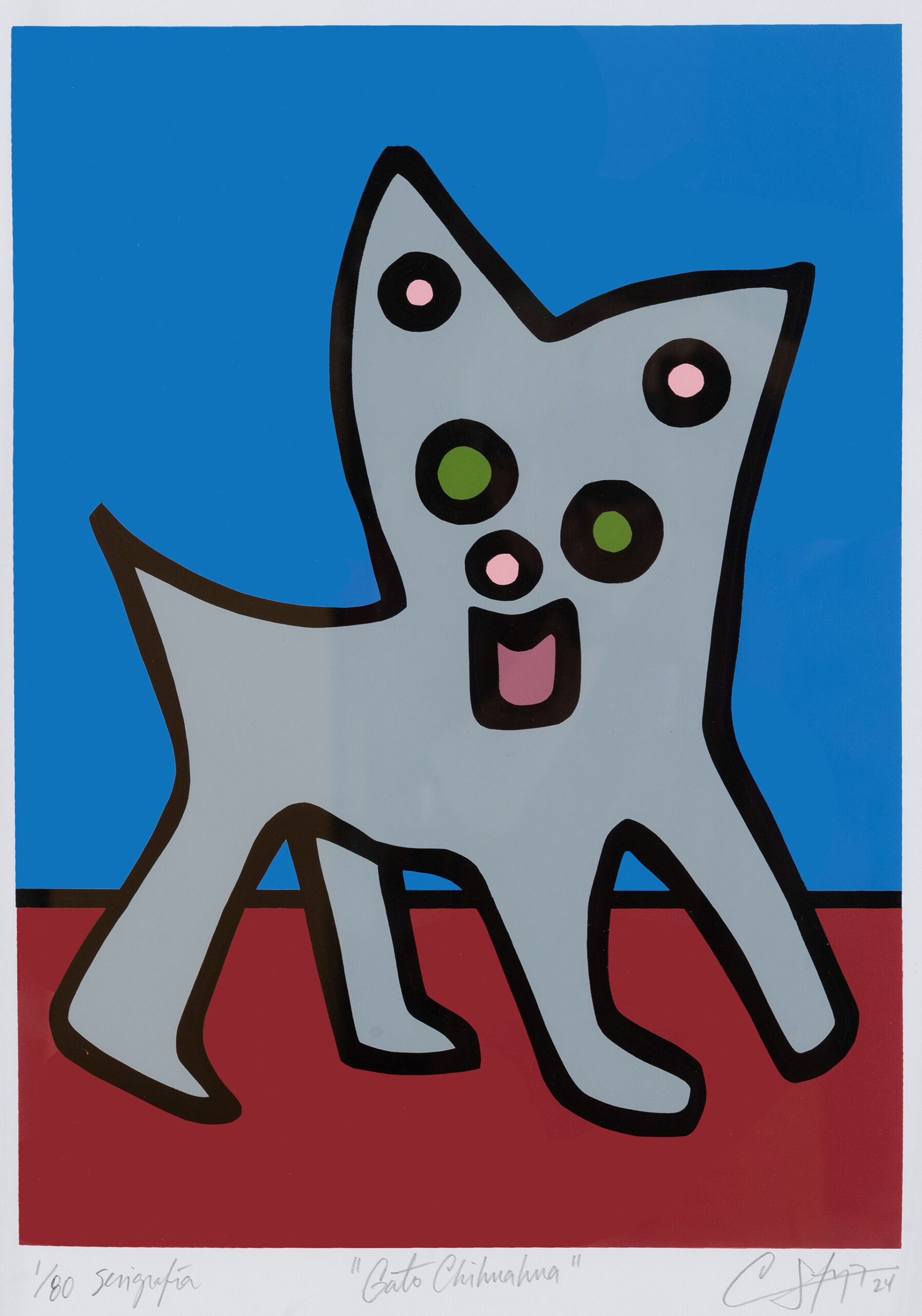 Sotomayor_Cresenciano_8 An abstract, smiling cat/dog in bold black outlines stands on a blue and red ground.