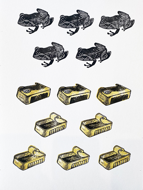 Rows of coquí tree frogs give way to rows of canned sardines in this relief print