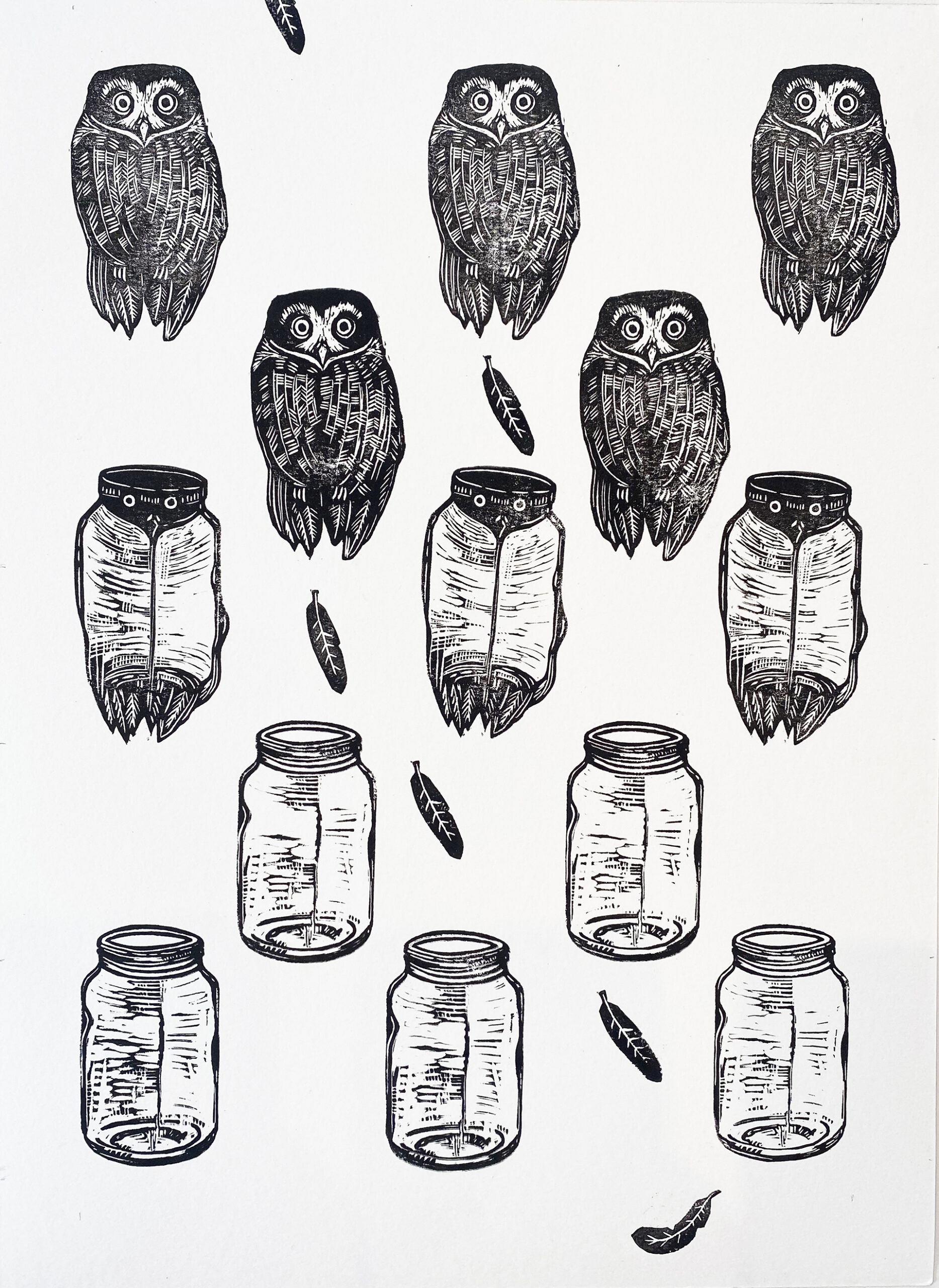Rows of owls transition into rows of Ball jars. Feathers fall among the birds and jars.