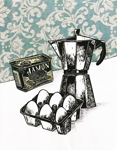 A patterned fabric acts as a wallpaper behind an arrangement of canned ham, eggs, and a stove top espresso maker.