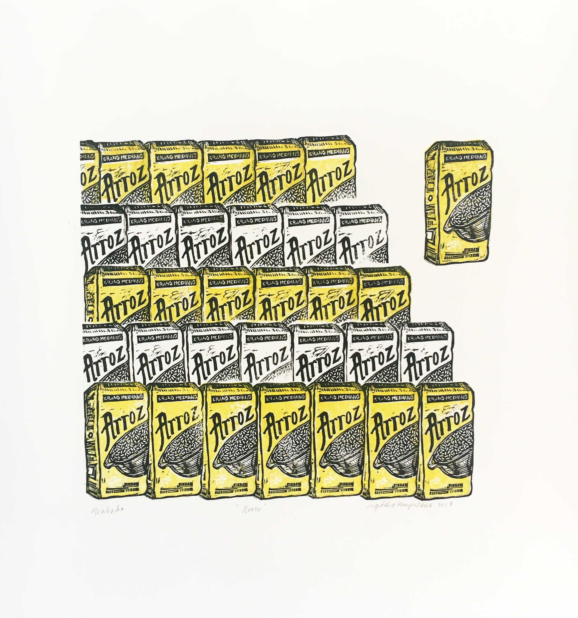 Staggered rows of boxed rice in yellow and white alternate with a single yellow box offset from the rest.