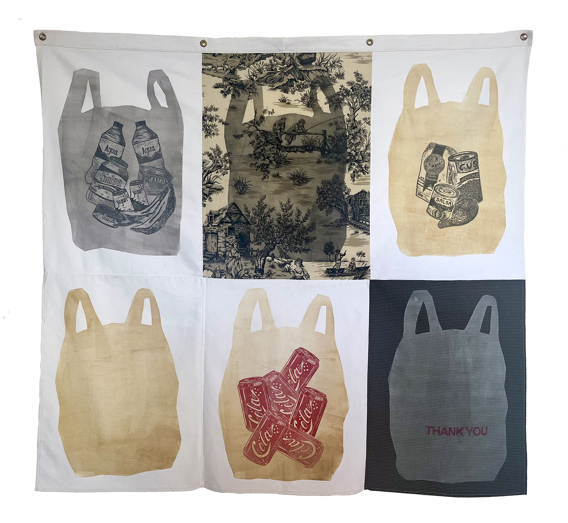A grid of six plastic sack silhouette are printed on fabric with products printed over them as if you're looking within the sack.