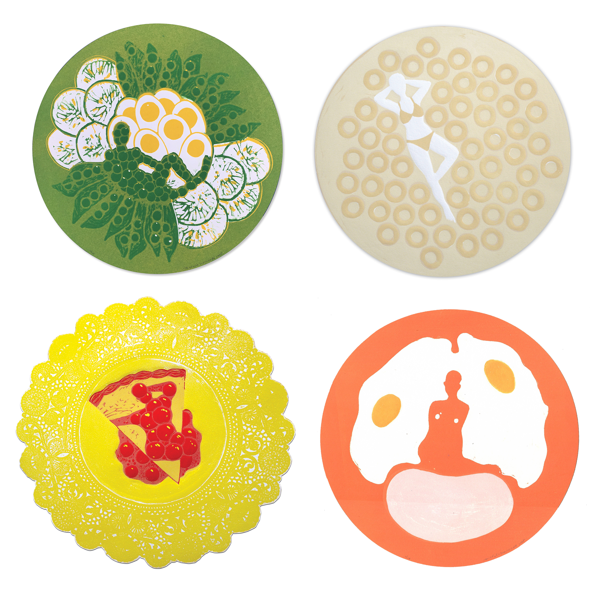 Four abstracted figures composed of or around food are on round compositions as if they're food in a bowl or on a plate.